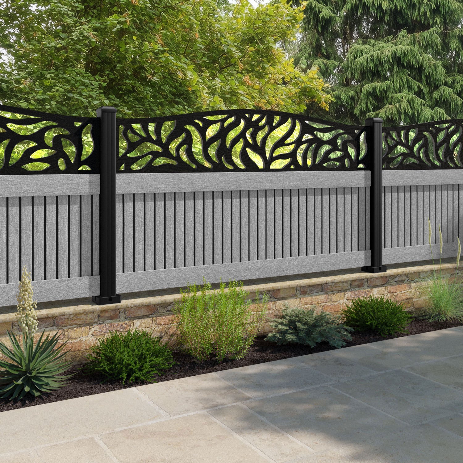 Virtis Plume Curved Top Fence Panel - Light Grey - with our aluminium posts