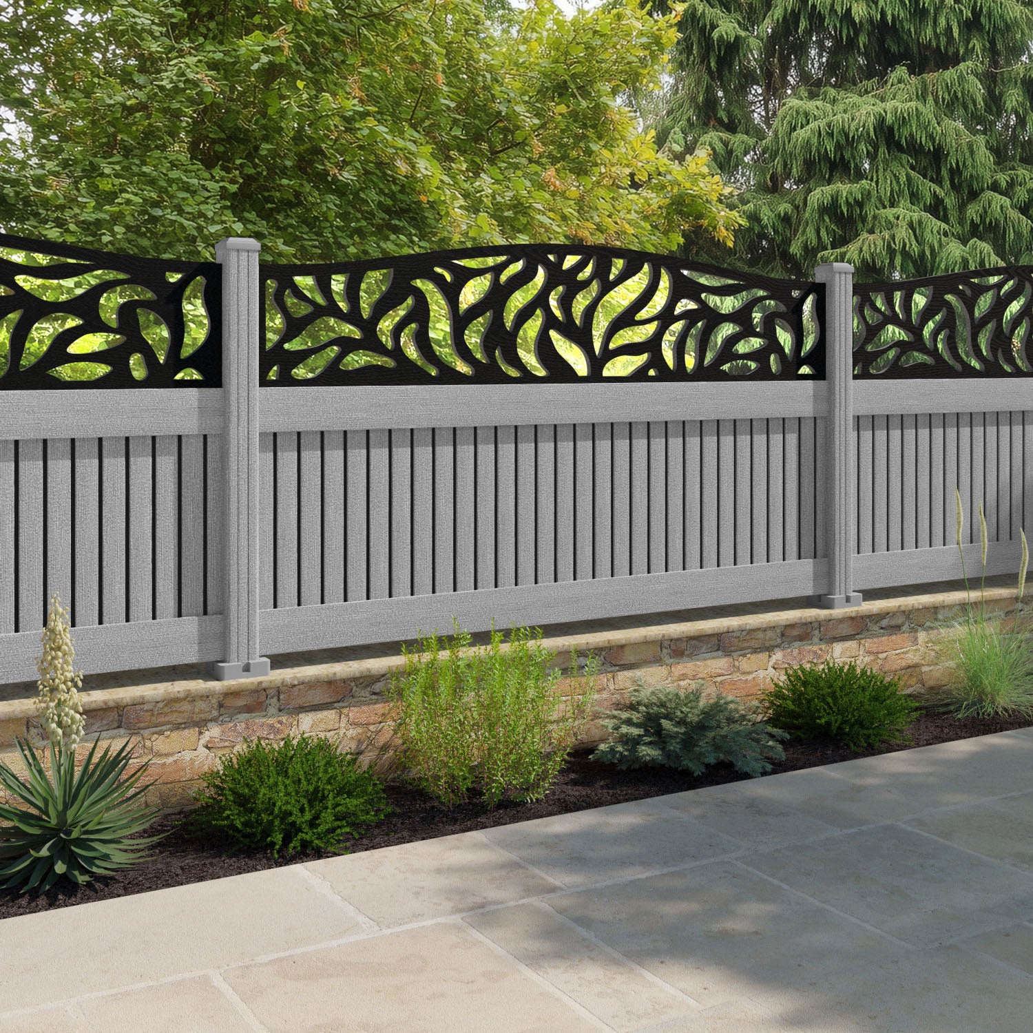 Virtis Plume Curved Top Fence Panel - Light Grey - with our composite posts