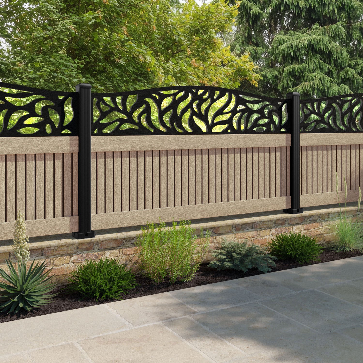 Virtis Plume Curved Top Fence Panel - Light Oak - with our aluminium posts
