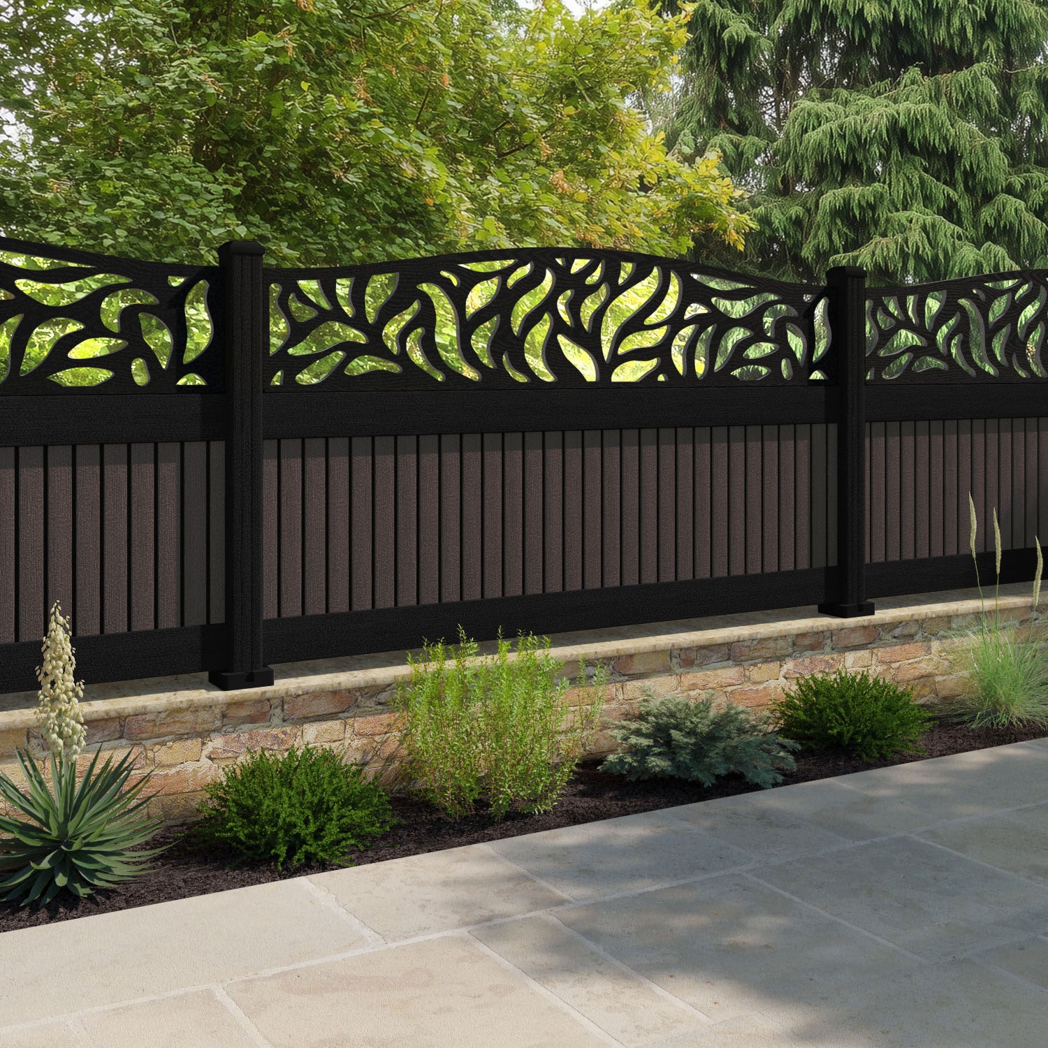 Virtis Plume Curved Top Fence Panel - Mid Brown - with our composite posts