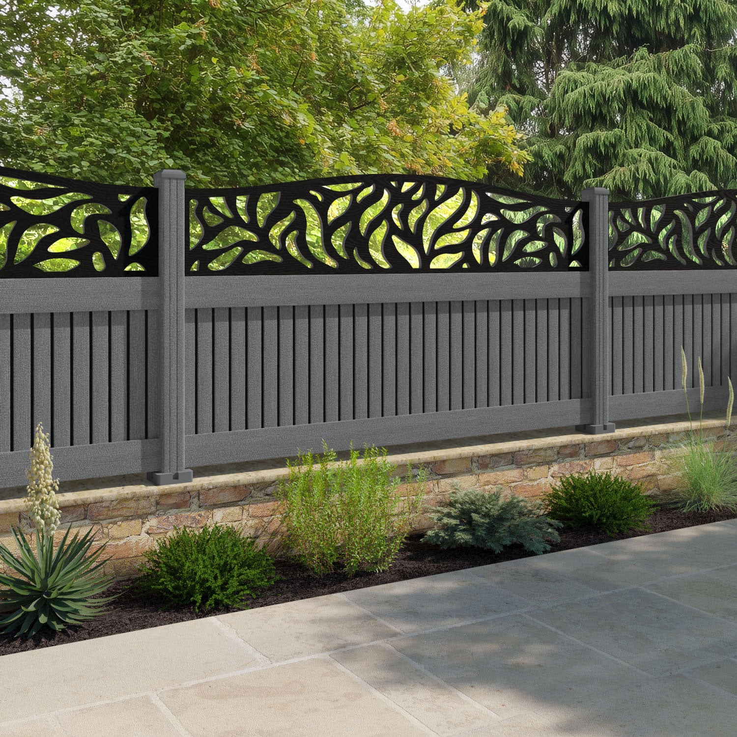 Virtis Plume Curved Top Fence Panel - Mid Grey - with our composite posts