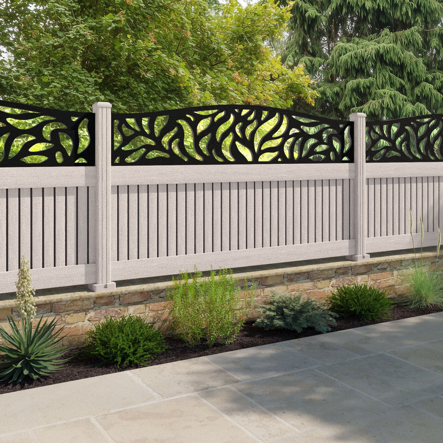 Virtis Plume Curved Top Fence Panel - Mid Stone - with our composite posts