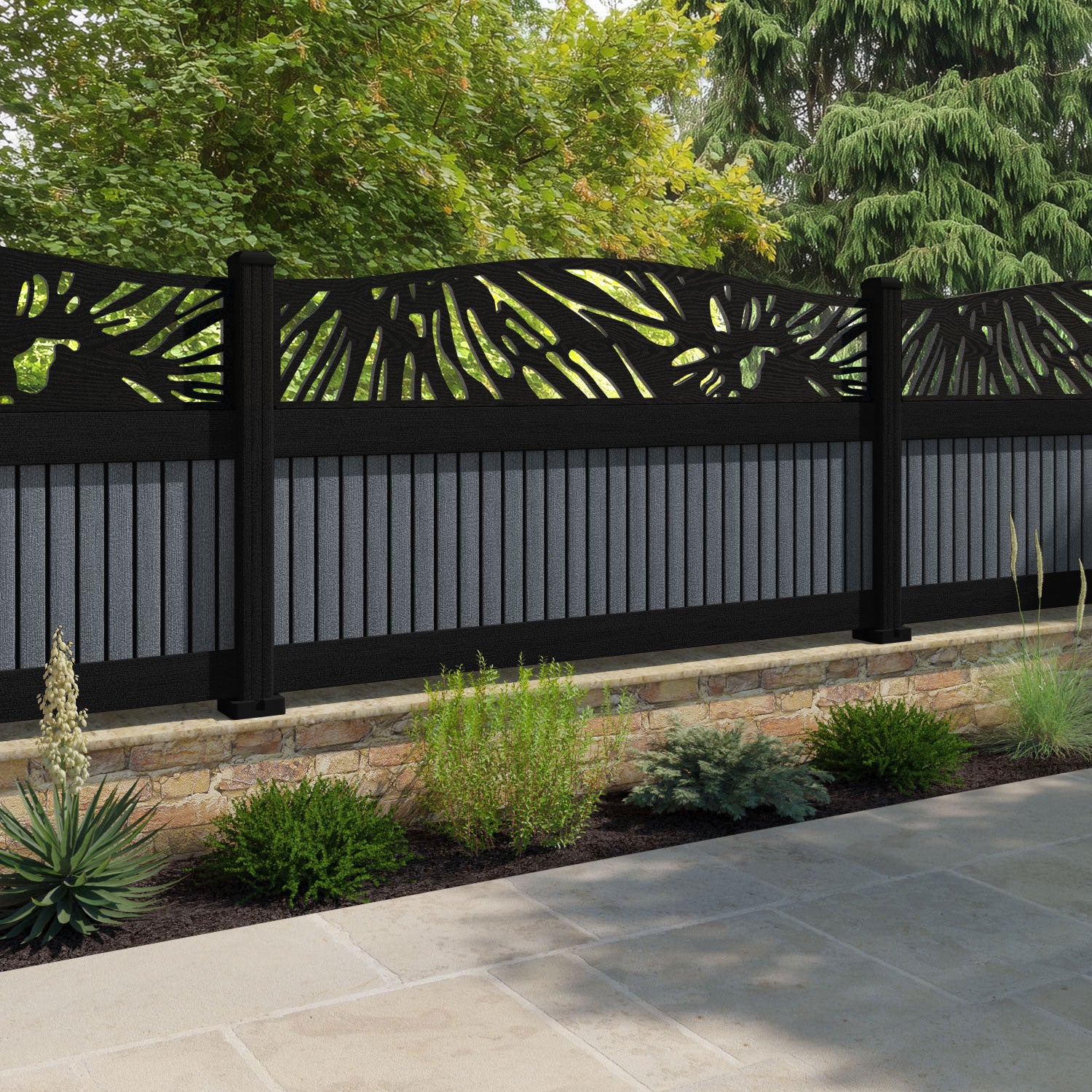 Virtis Poppy Curved Top Fence Panel - Anthracite - with our aluminium posts