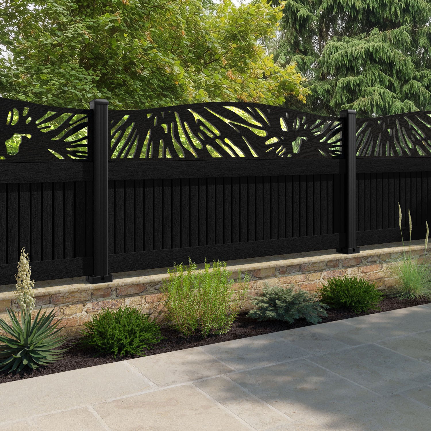 Virtis Poppy Curved Top Fence Panel - Black - with our aluminium posts