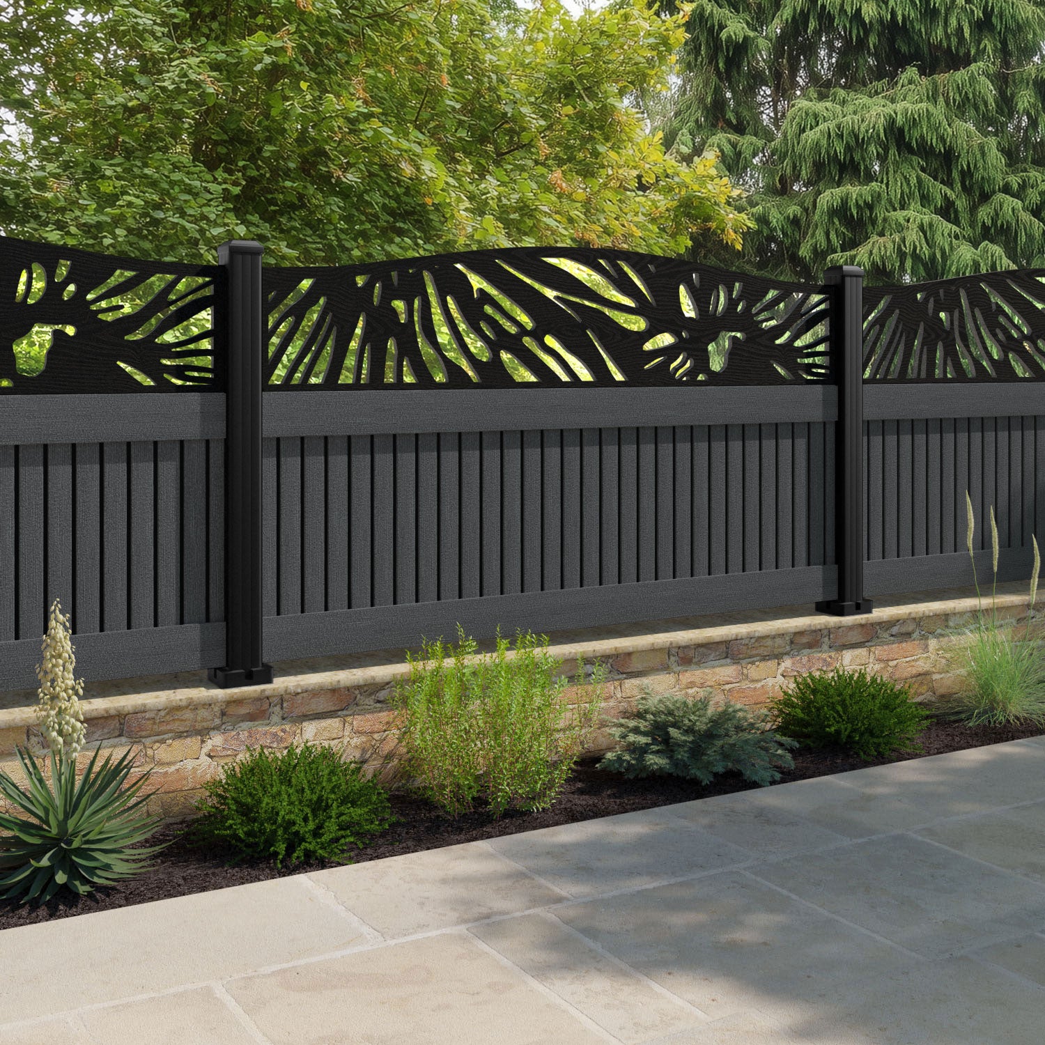 Virtis Poppy Curved Top Fence Panel - Dark Grey - with our aluminium posts