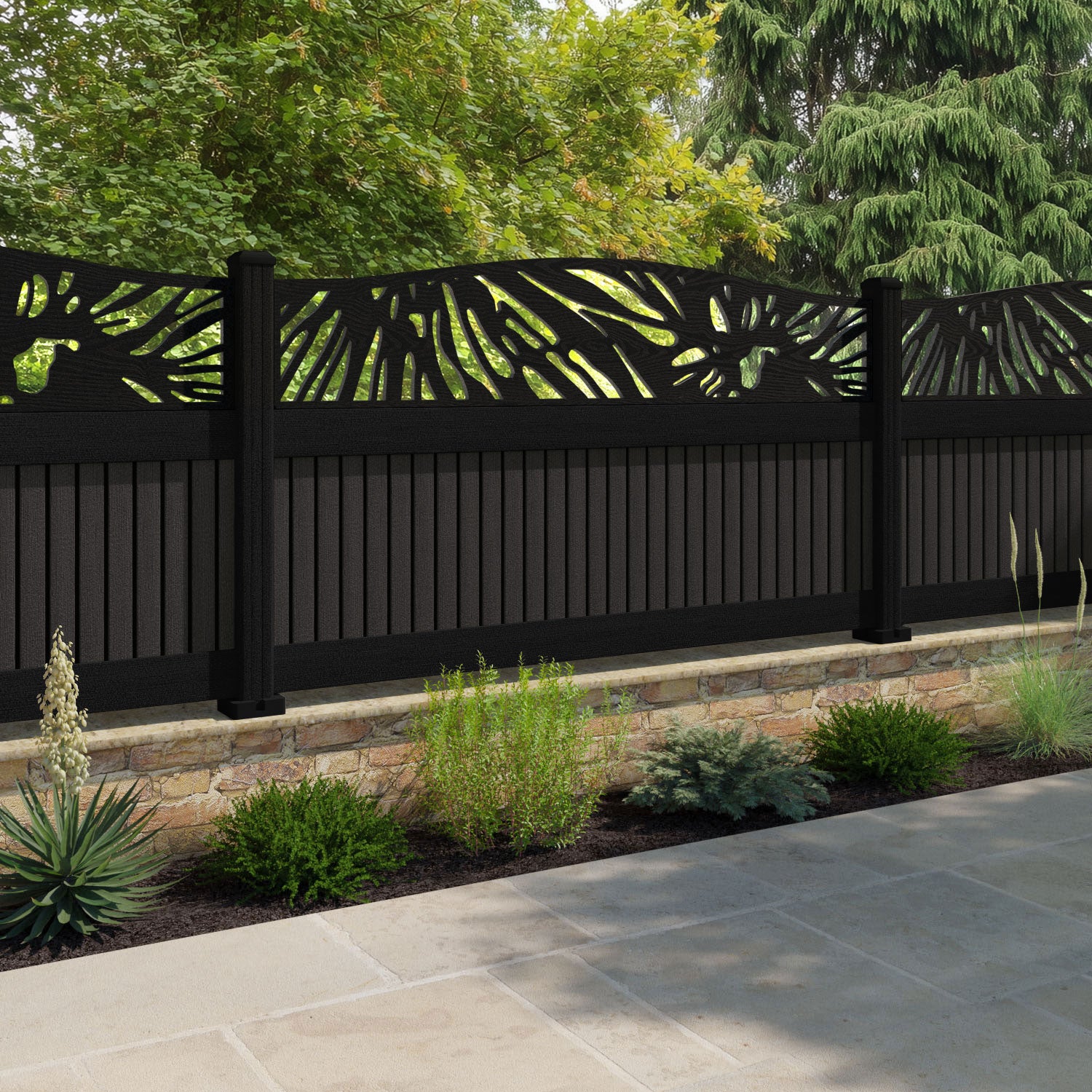 Virtis Poppy Curved Top Fence Panel - Dark Oak - with our aluminium posts