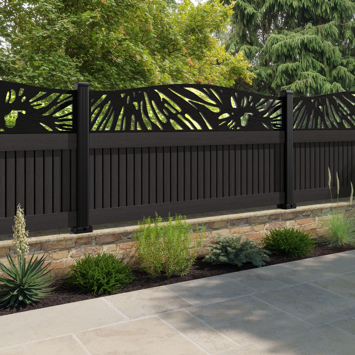 Virtis Poppy Curved Top Fence Panel - Dark Oak - with our aluminium posts