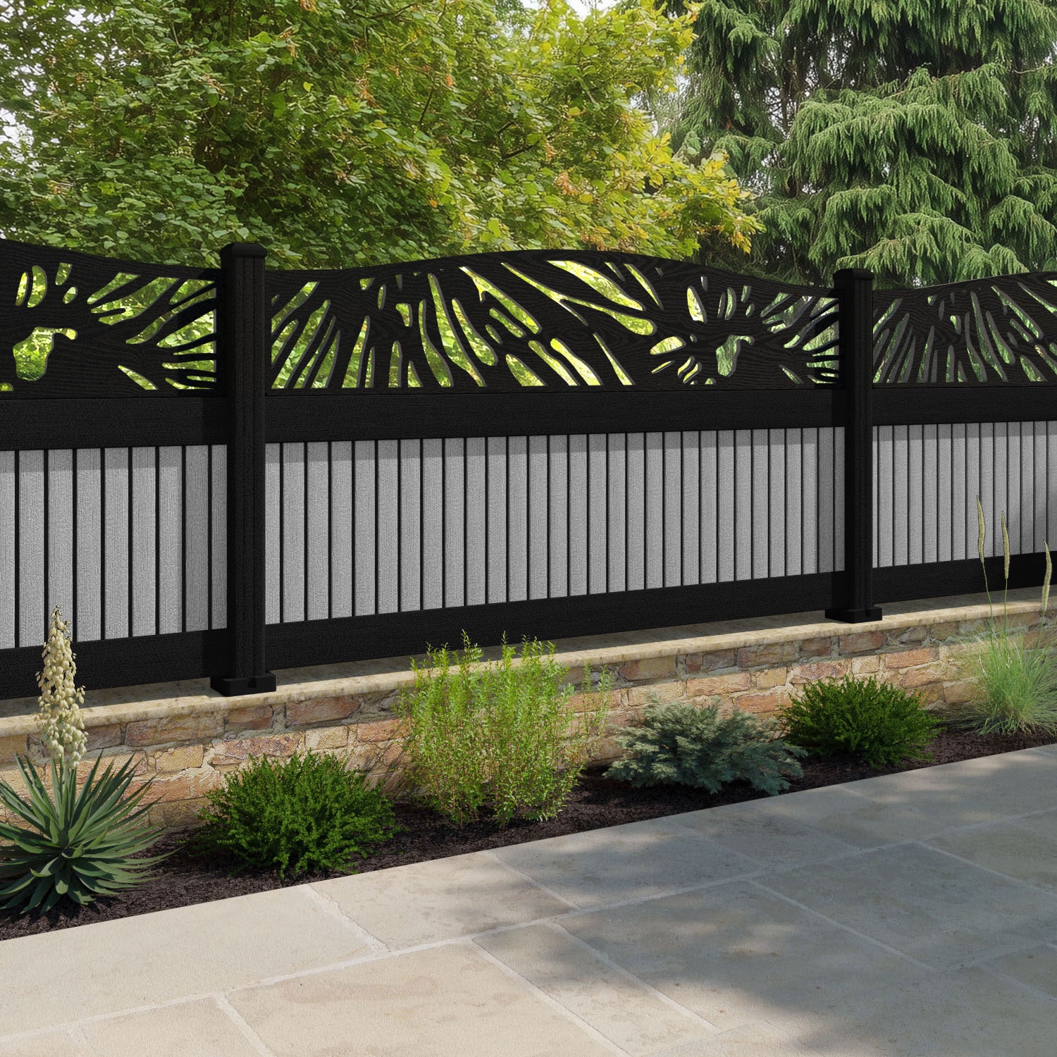 Virtis Poppy Curved Top Fence Panel - Light Grey - with our aluminium posts