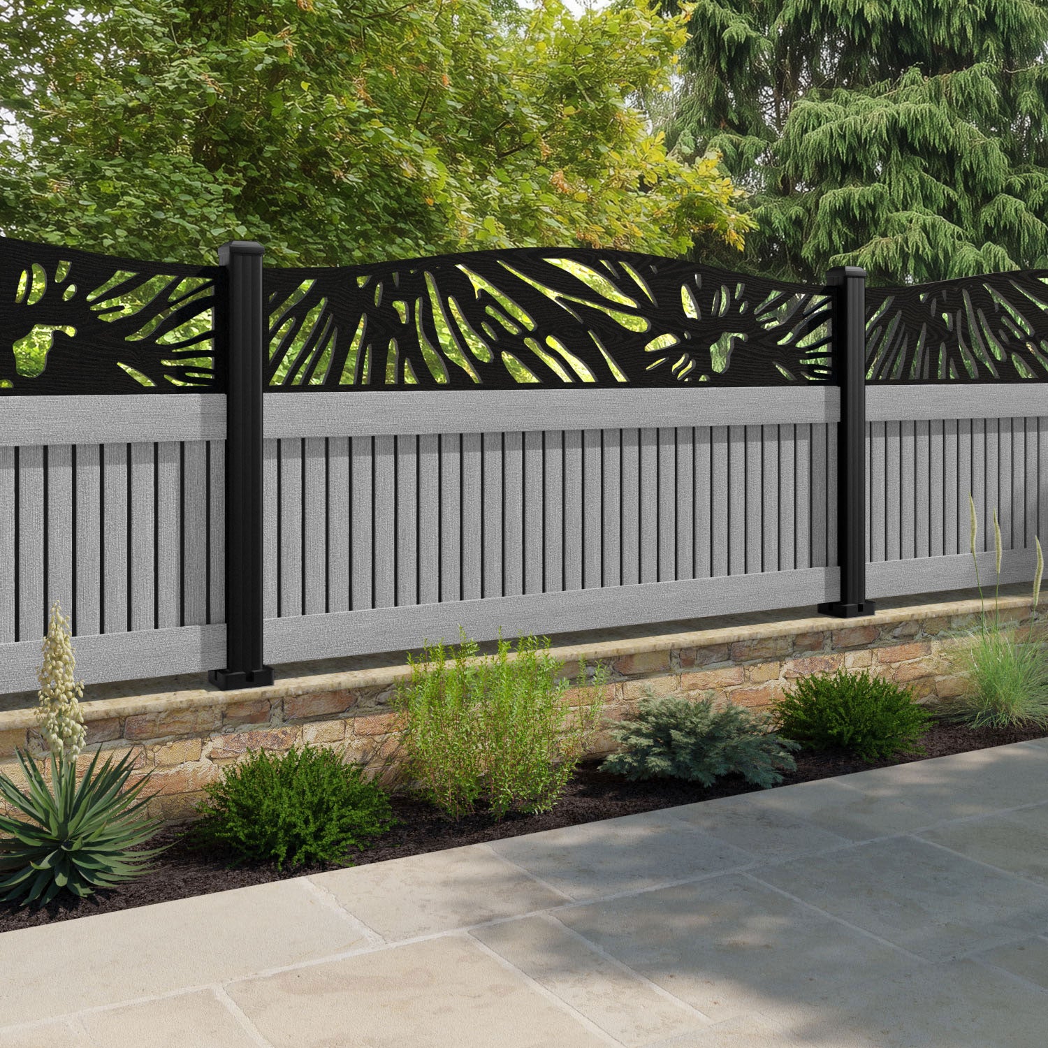 Virtis Poppy Curved Top Fence Panel - Light Grey - with our aluminium posts