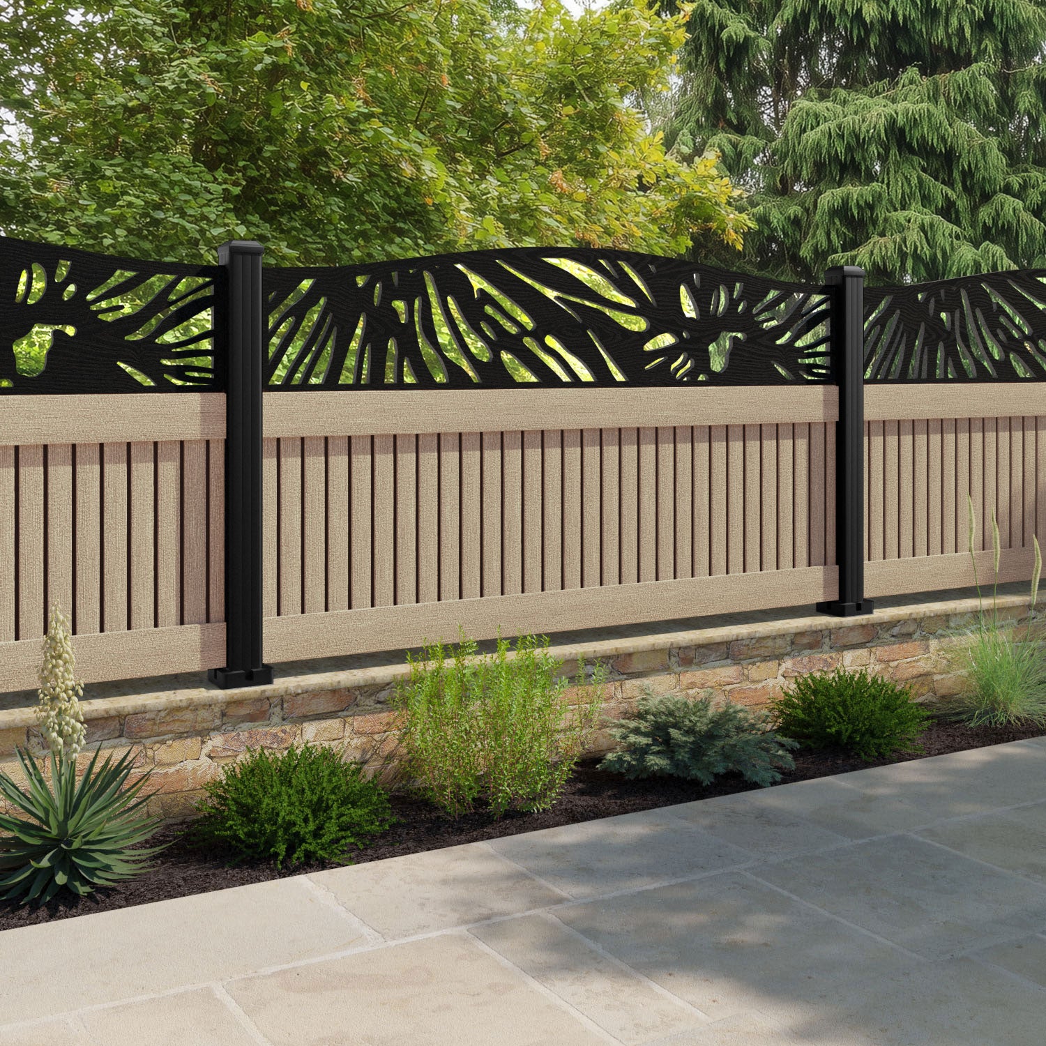 Virtis Poppy Curved Top Fence Panel - Light Oak - with our aluminium posts