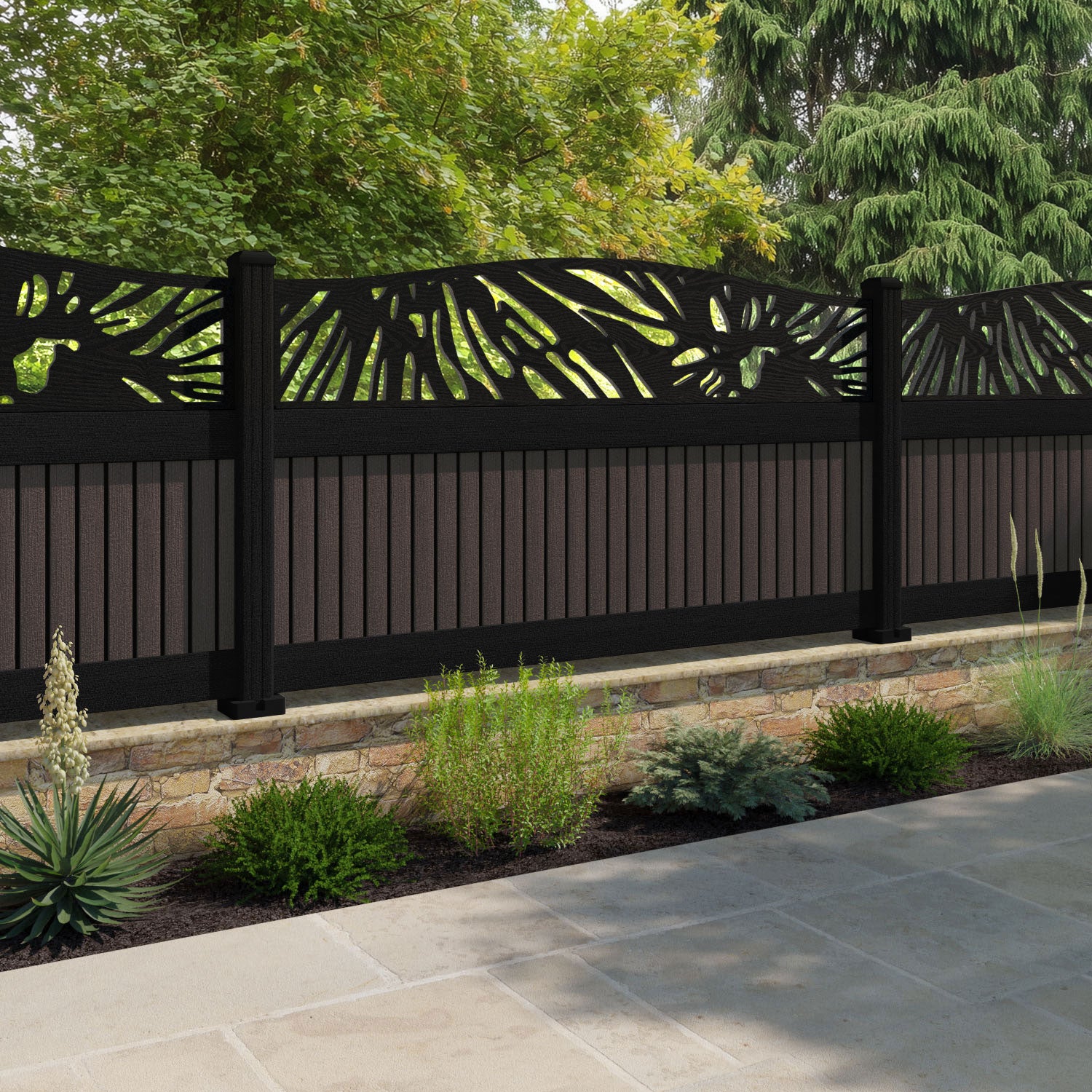 Virtis Poppy Curved Top Fence Panel - Mid Brown - with our composite posts