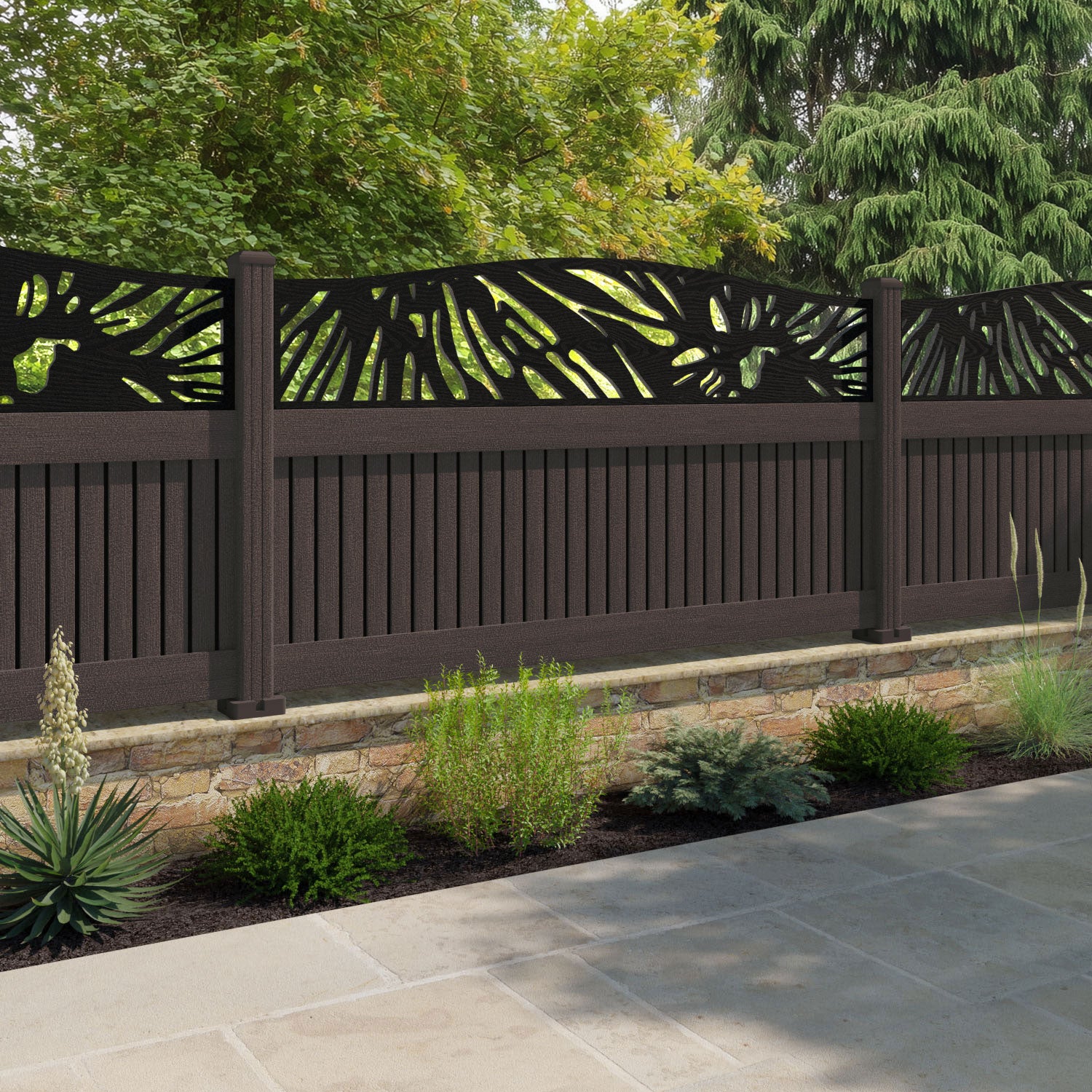 Virtis Poppy Curved Top Fence Panel - Mid Brown - with our composite posts