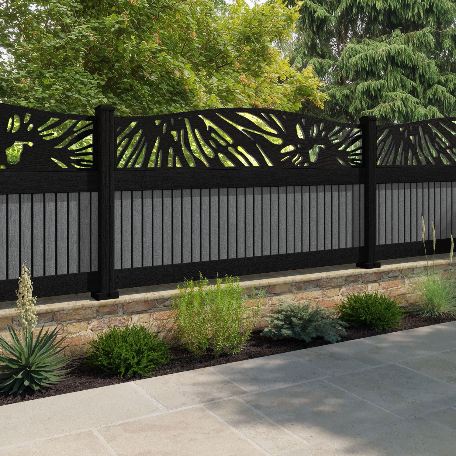 Virtis Poppy Curved Top Fence Panel - Mid Grey - with our aluminium posts