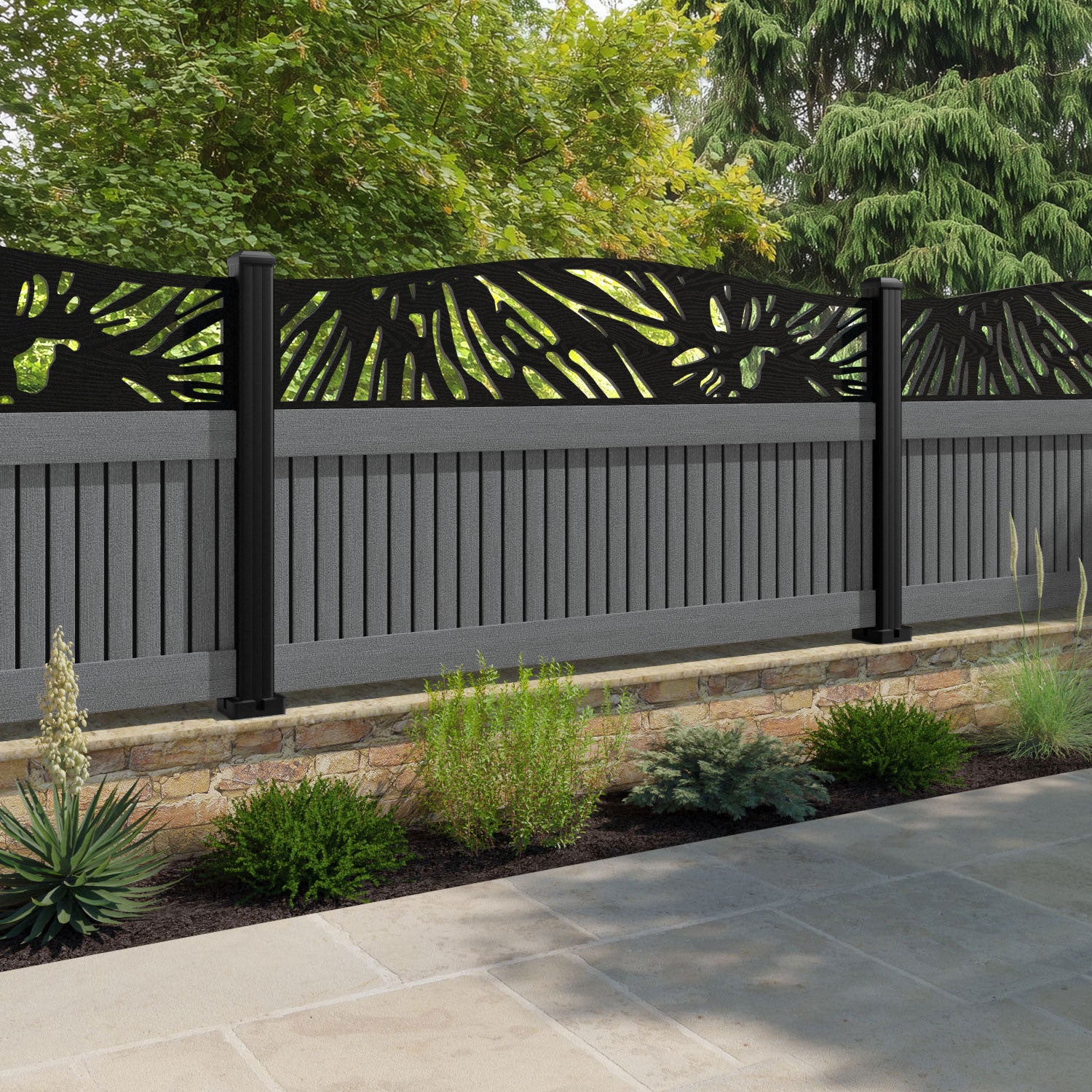 Virtis Poppy Curved Top Fence Panel - Mid Grey - with our aluminium posts
