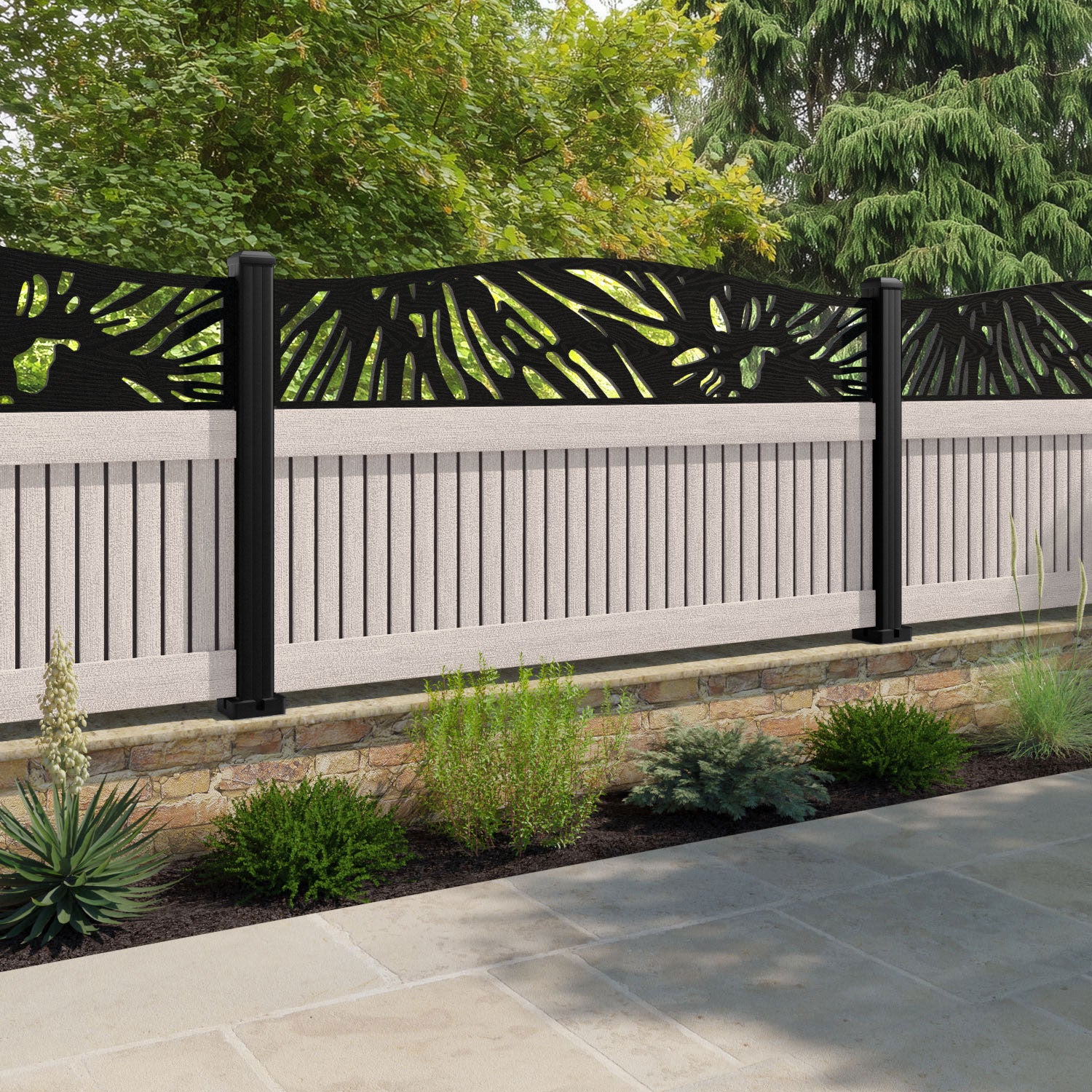 Virtis Poppy Curved Top Fence Panel - Mid Stone - with our aluminium posts