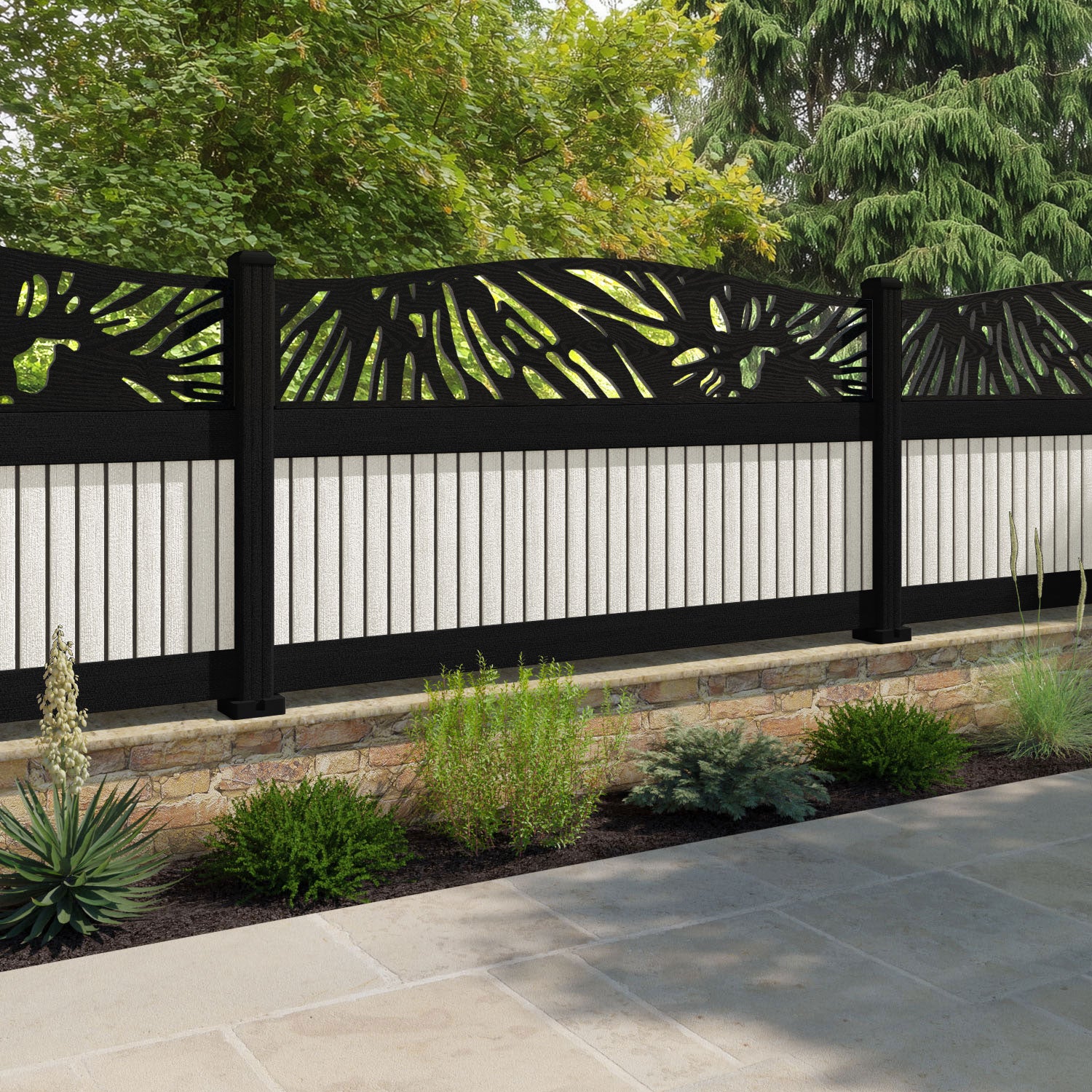 Virtis Poppy Curved Top Fence Panel - Light Stone - with our composite posts