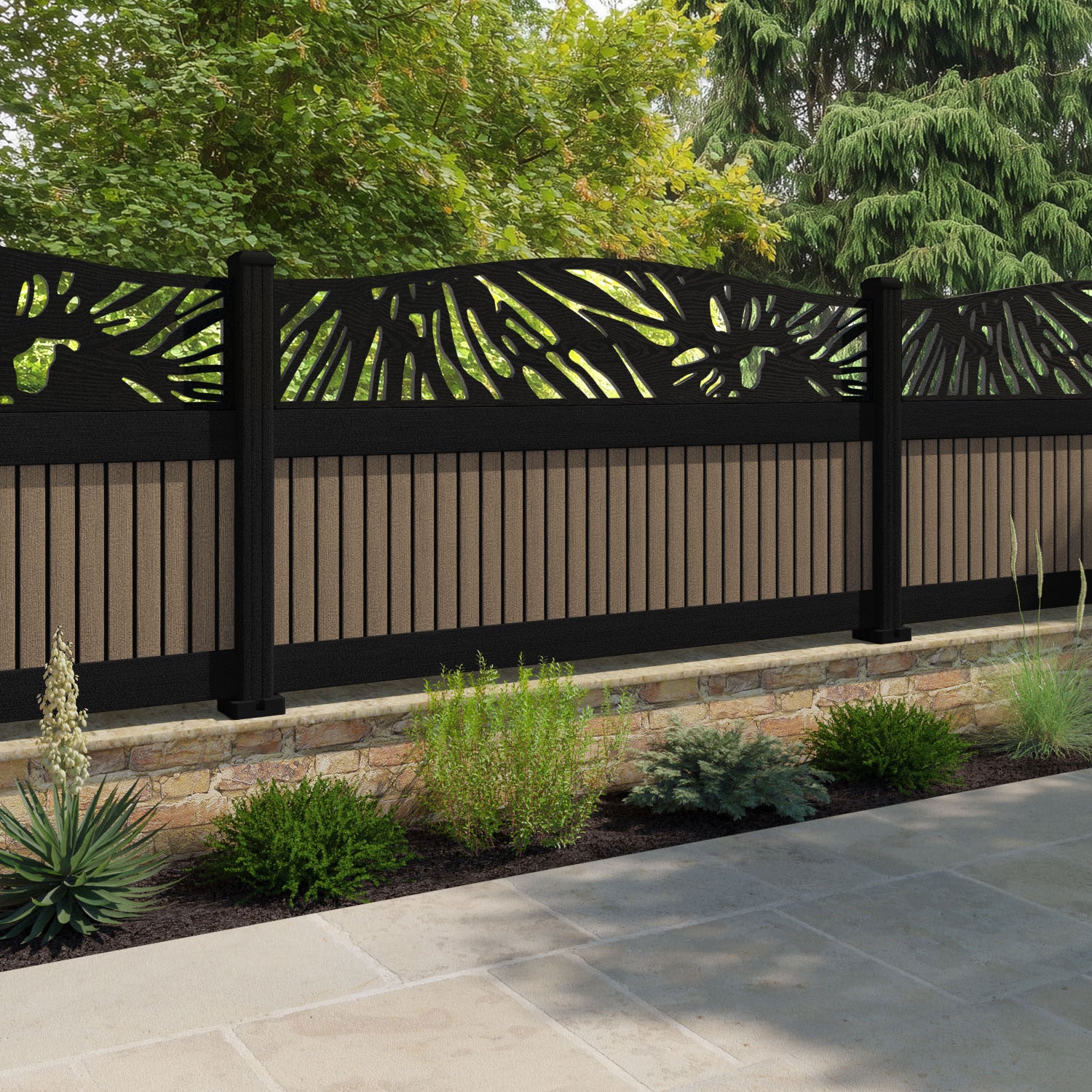 Virtis Poppy Curved Top Fence Panel - Teak - with our composite posts