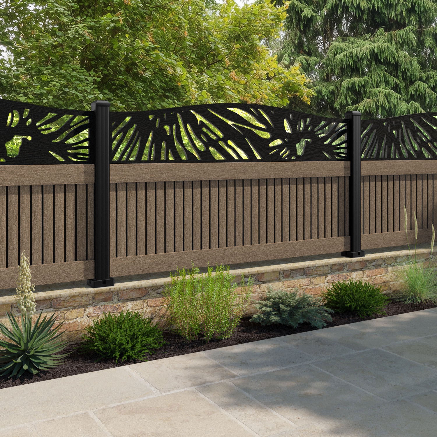 Virtis Poppy Curved Top Fence Panel - Teak - with our aluminium posts