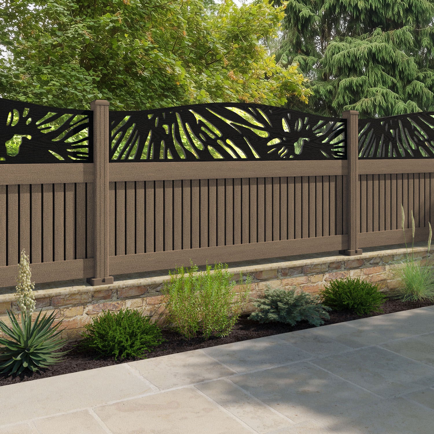 Virtis Poppy Curved Top Fence Panel - Teak - with our composite posts
