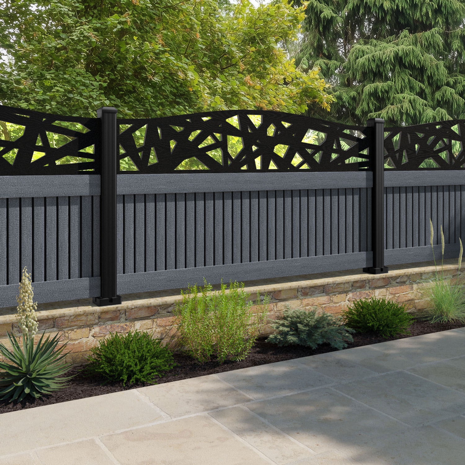 Virtis Prism Curved Top Fence Panel - Anthracite - with our aluminium posts