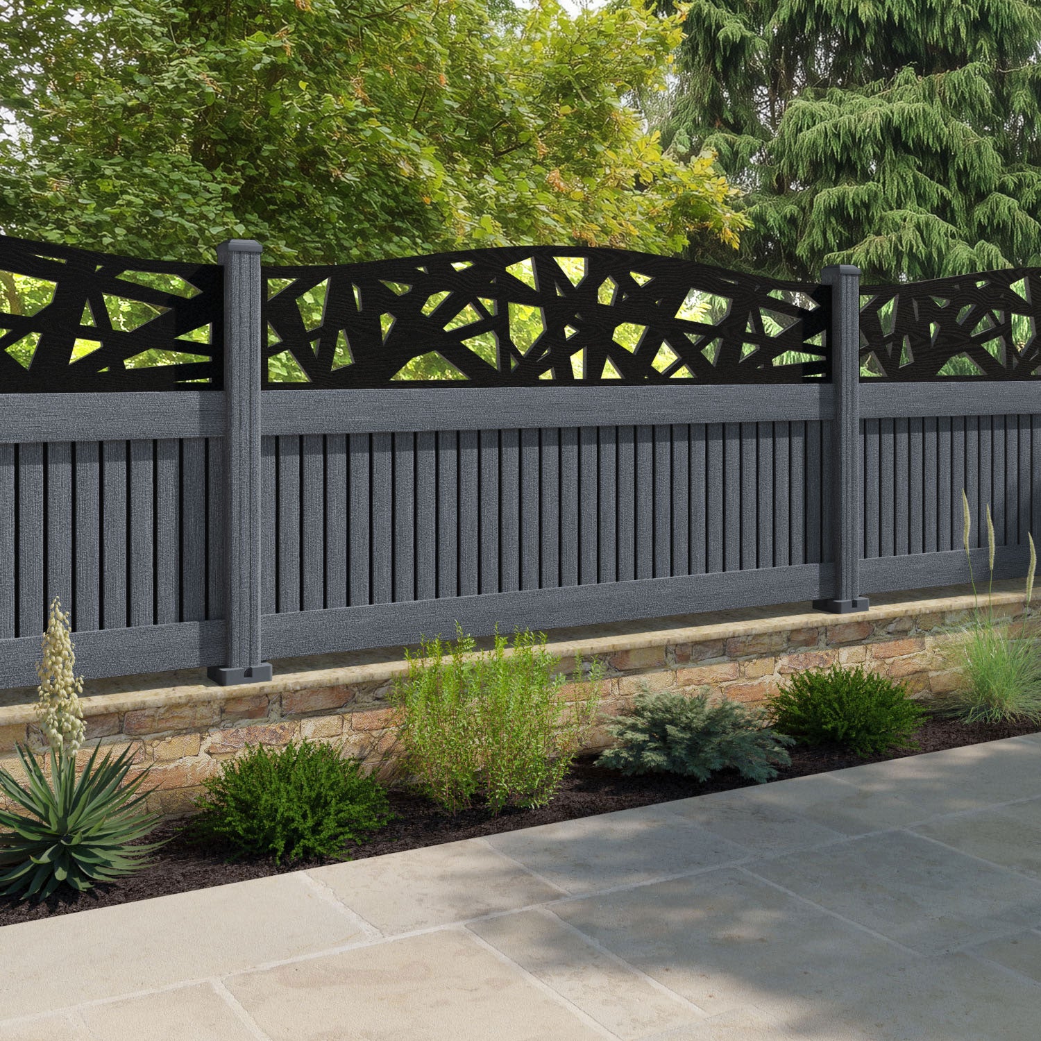 Virtis Prism Curved Top Fence Panel - Anthracite - with our composite posts