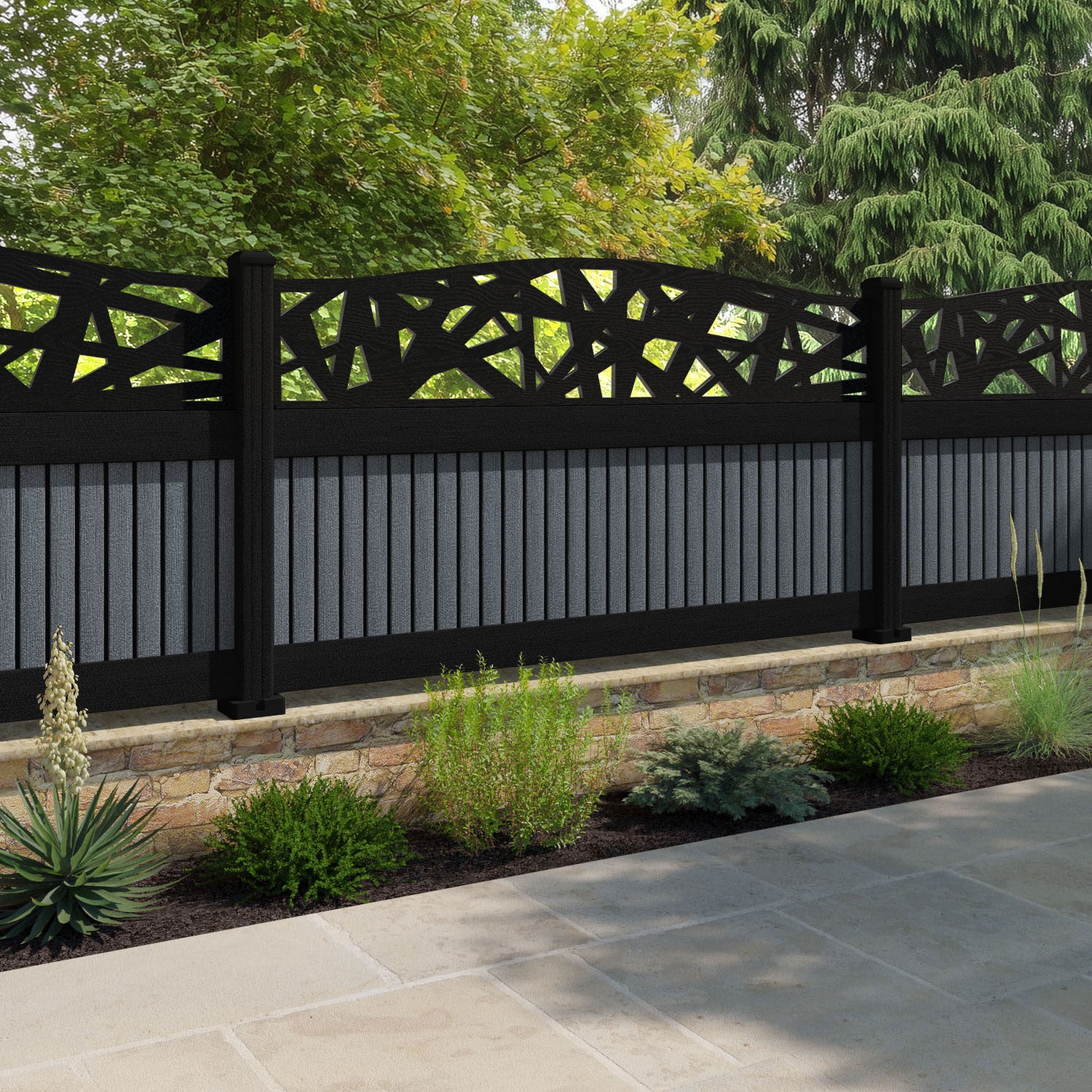 Virtis Prism Curved Top Fence Panel - Anthracite - with our composite posts