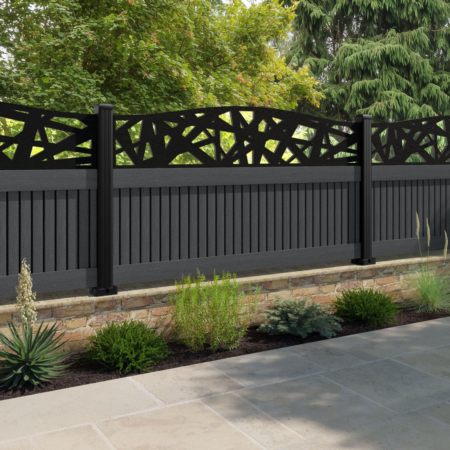 Virtis Prism Curved Top Fence Panel - Dark Grey - with our composite posts