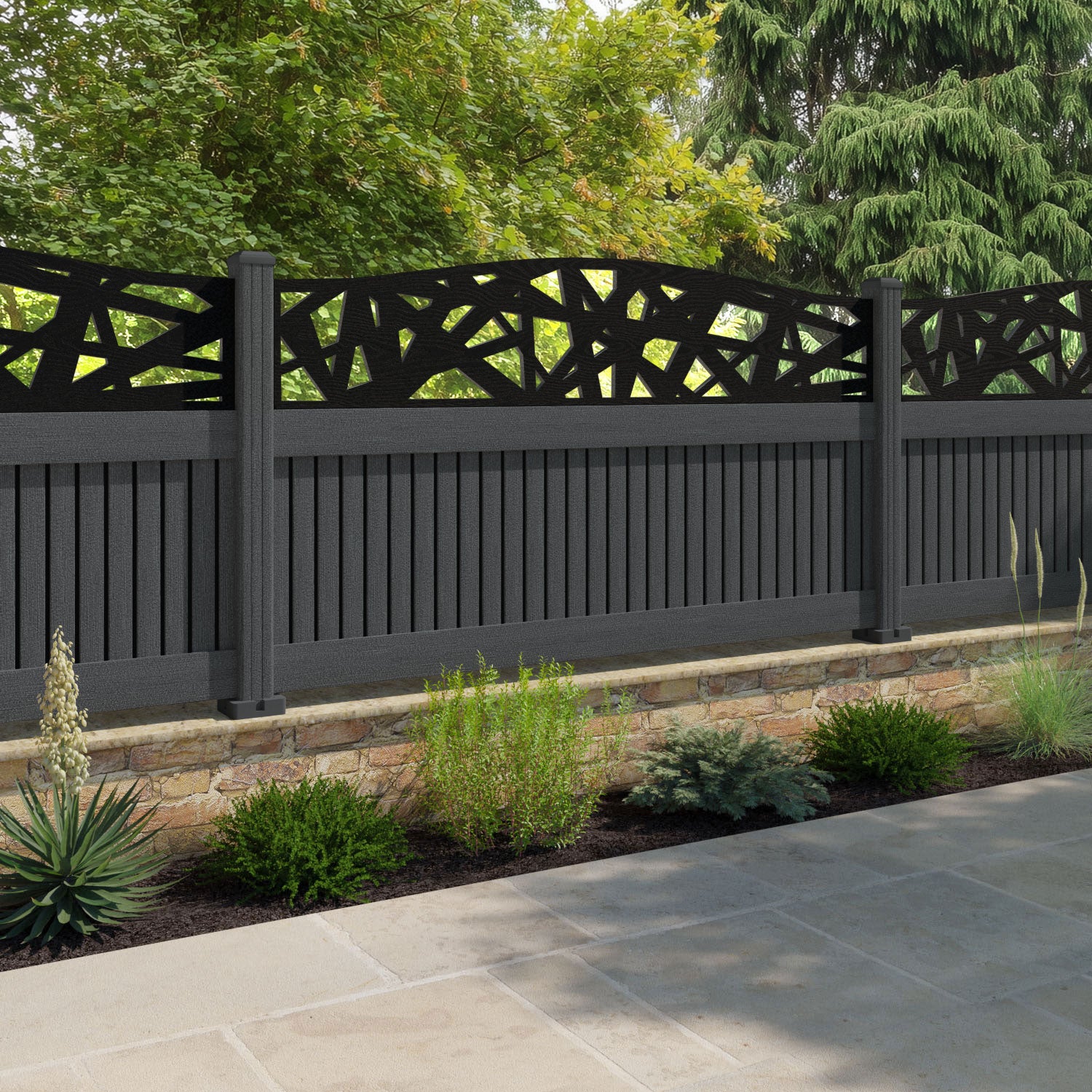Virtis Prism Curved Top Fence Panel - Dark Grey - with our composite posts