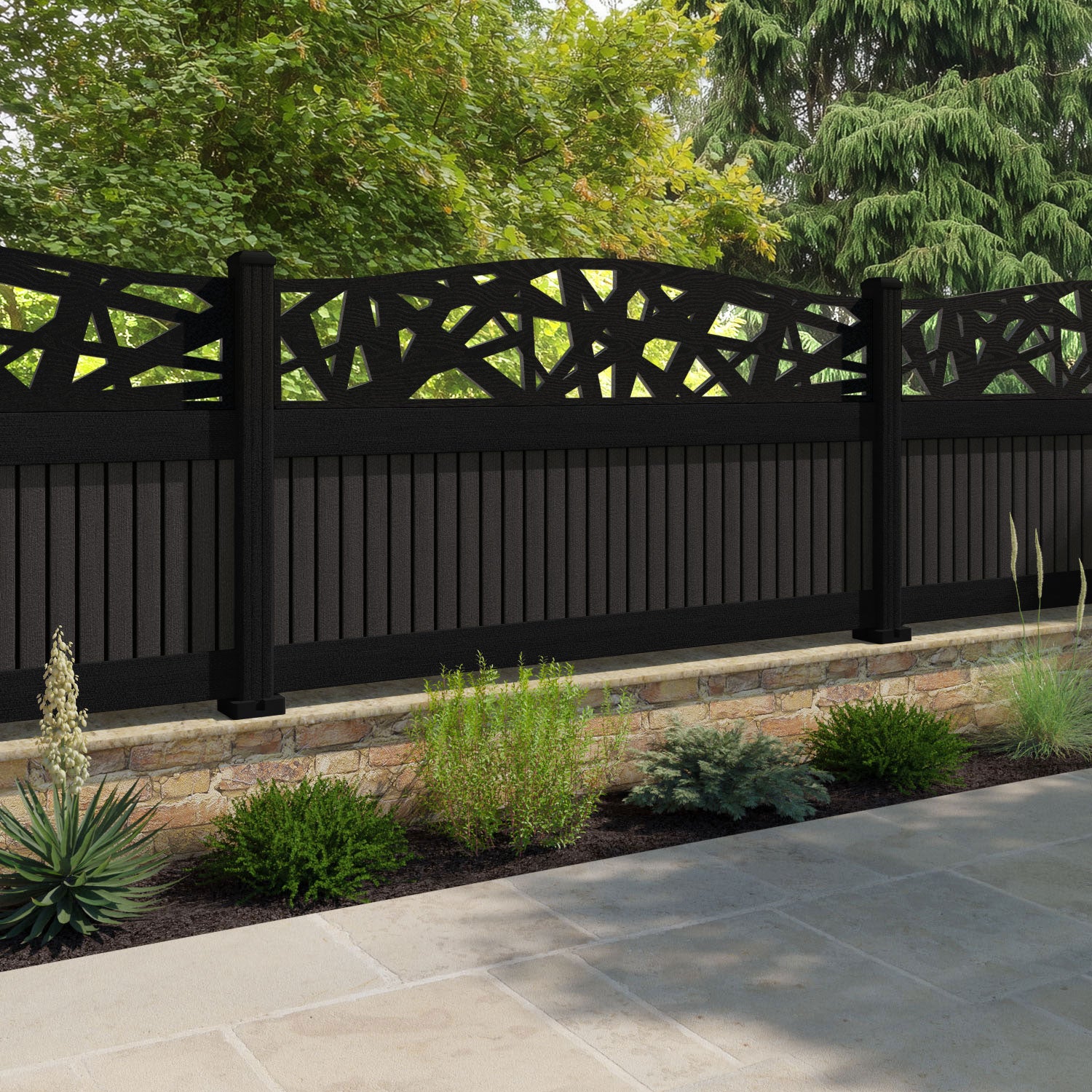Virtis Prism Curved Top Fence Panel - Dark Oak - with our composite posts