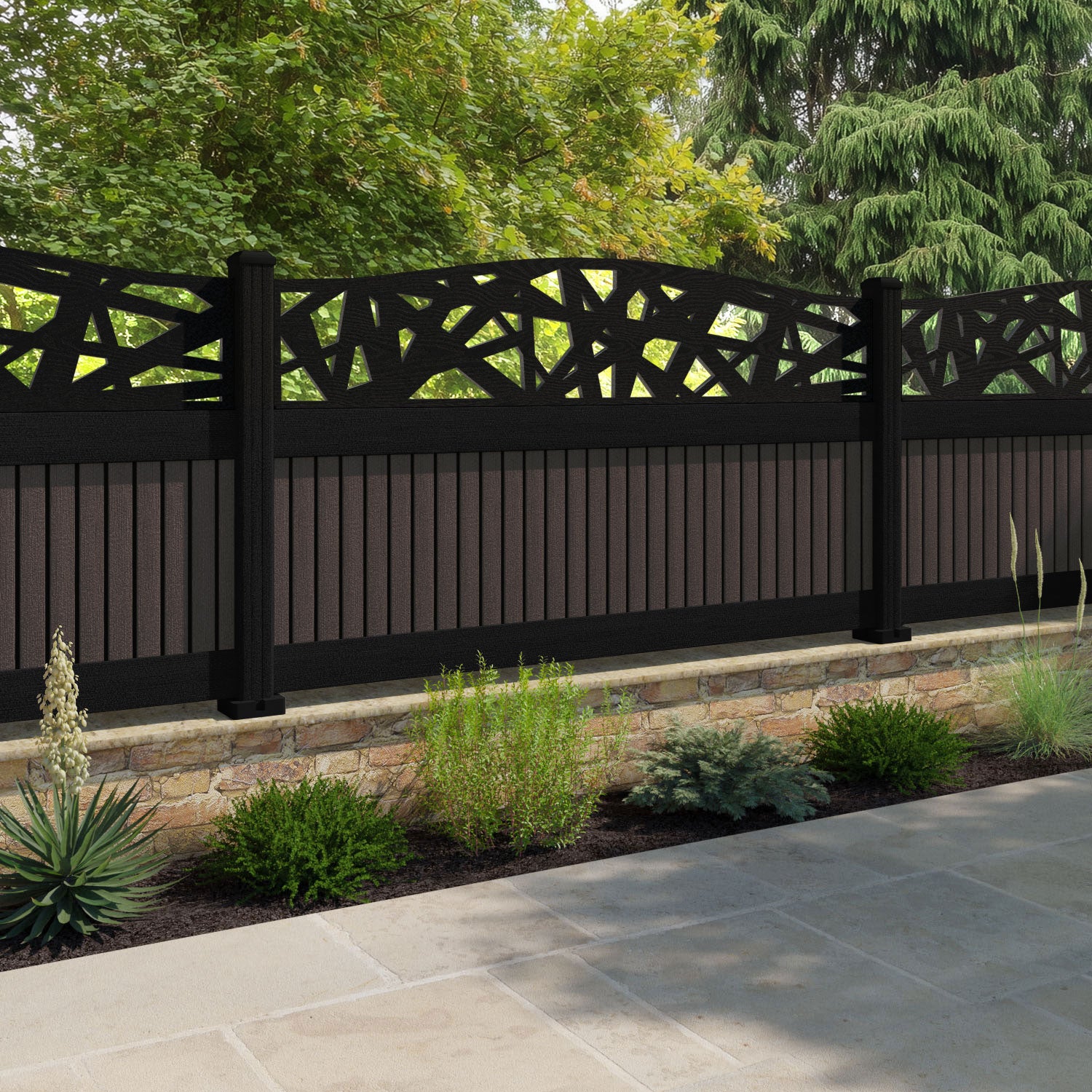 Virtis Prism Curved Top Fence Panel - Mid Brown - with our aluminium posts