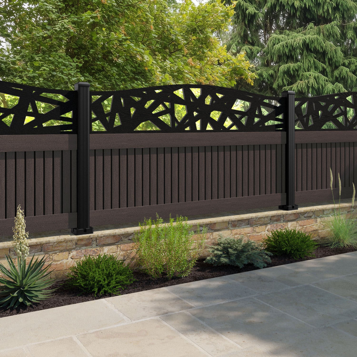 Virtis Prism Curved Top Fence Panel - Mid Brown - with our composite posts