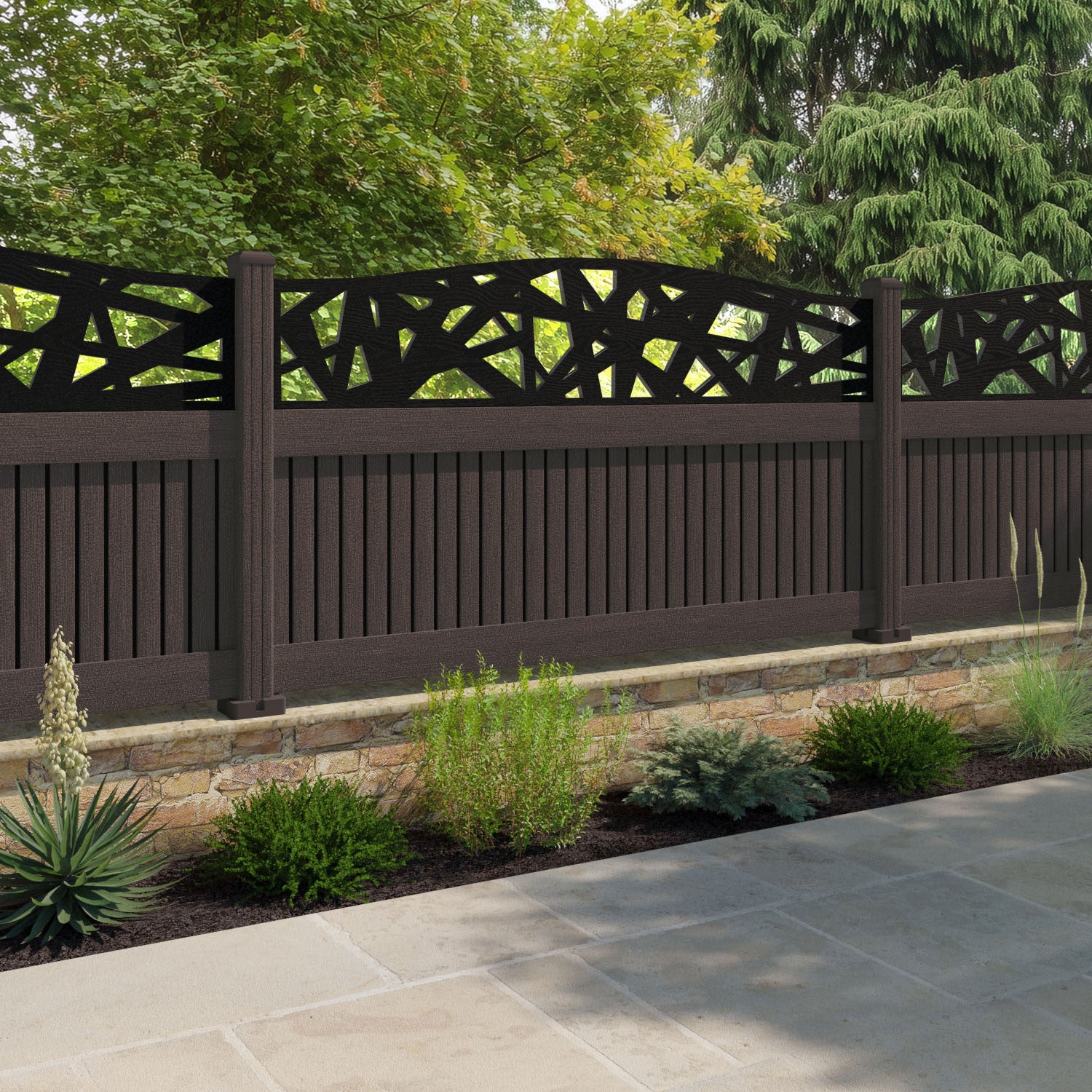 Virtis Prism Curved Top Fence Panel - Mid Brown - with our composite posts