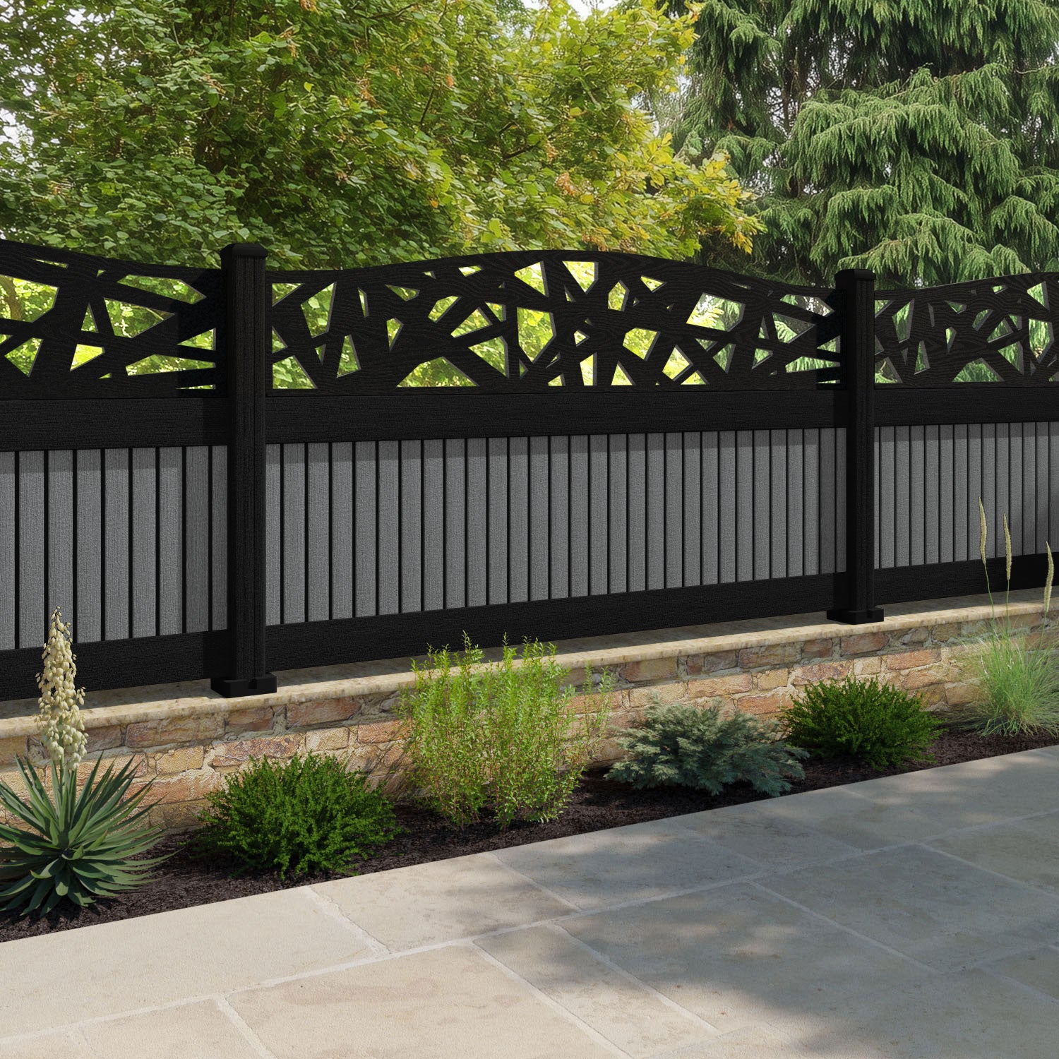 Virtis Prism Curved Top Fence Panel - Mid Grey - with our composite posts