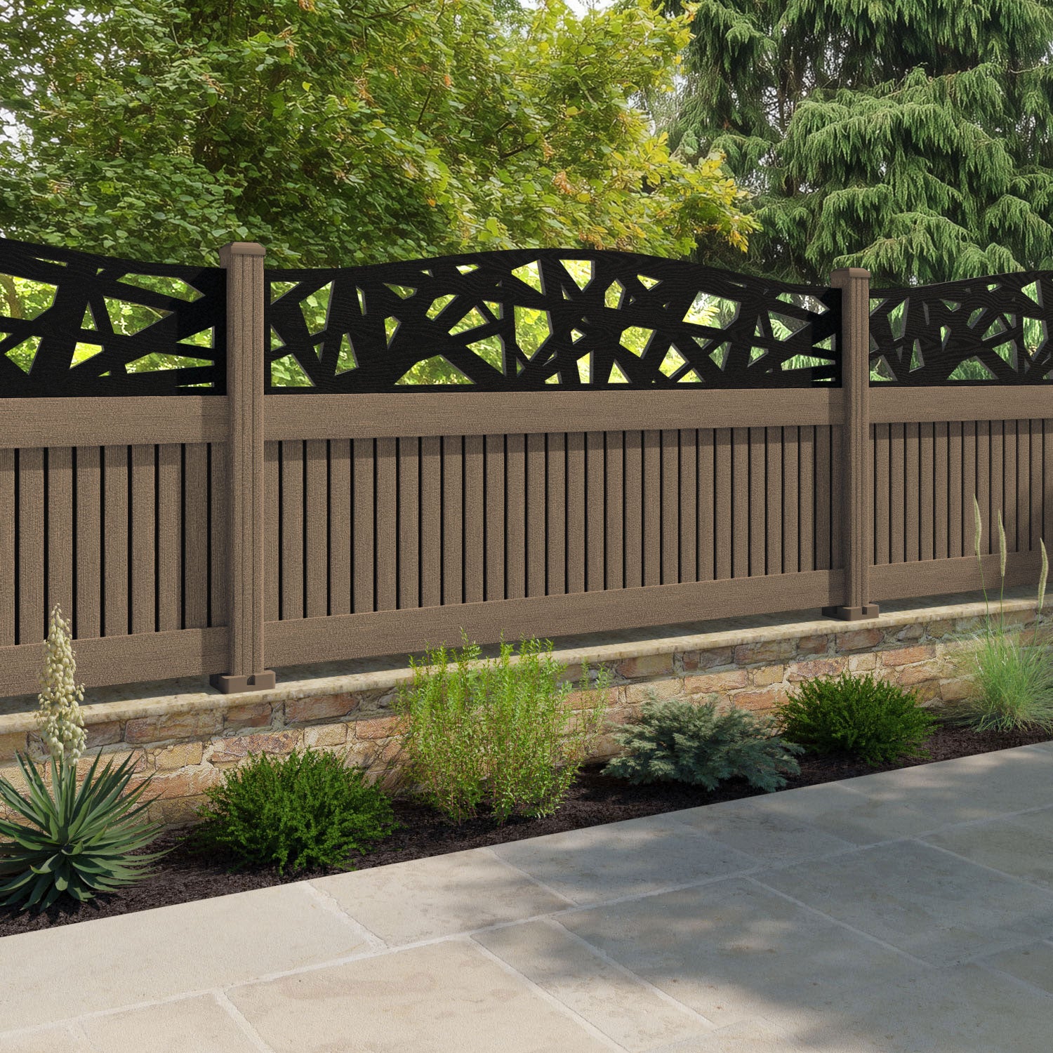 Virtis Prism Curved Top Fence Panel - Teak - with our composite posts