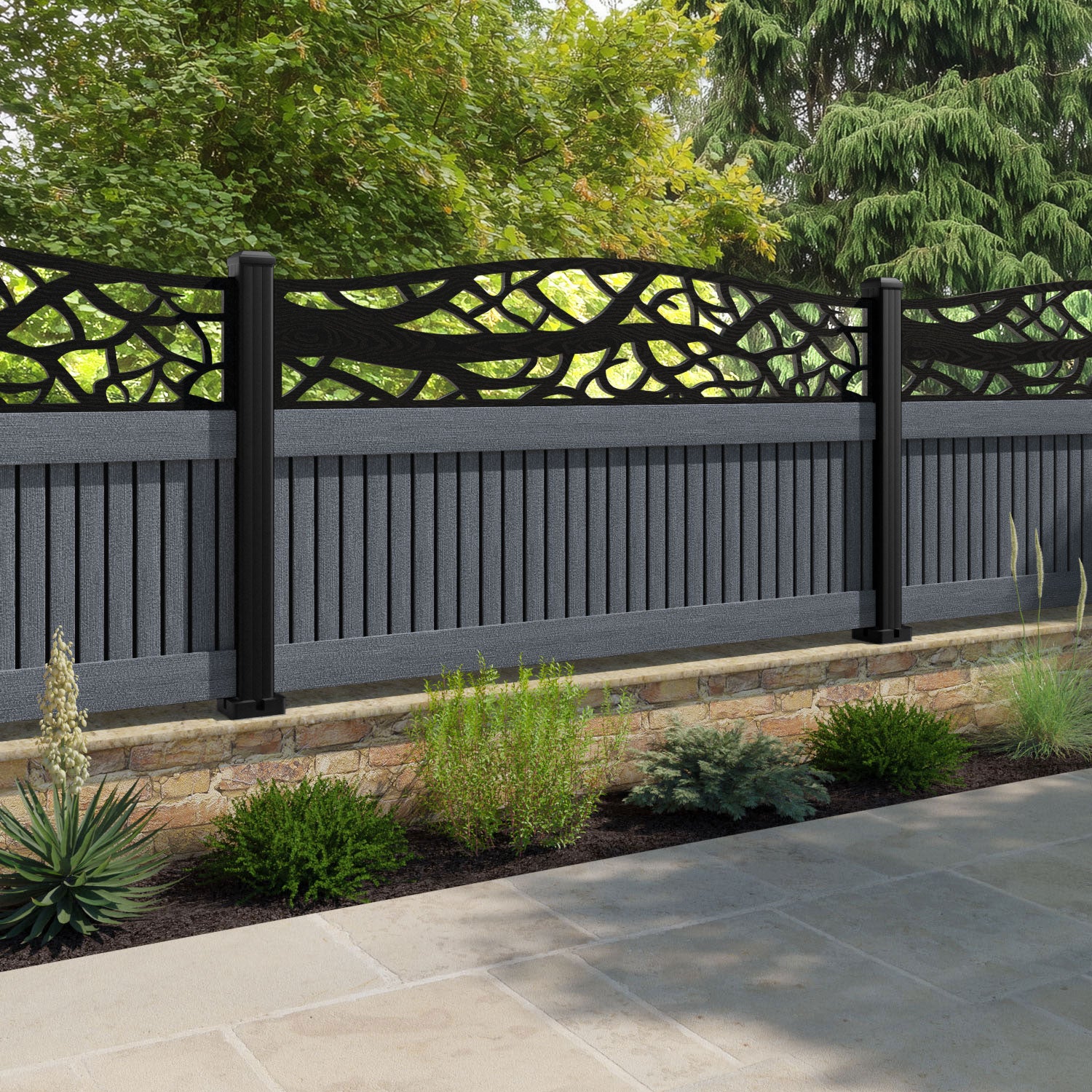 Virtis Twilight Curved Top Fence Panel - Anthracite - with our composite posts