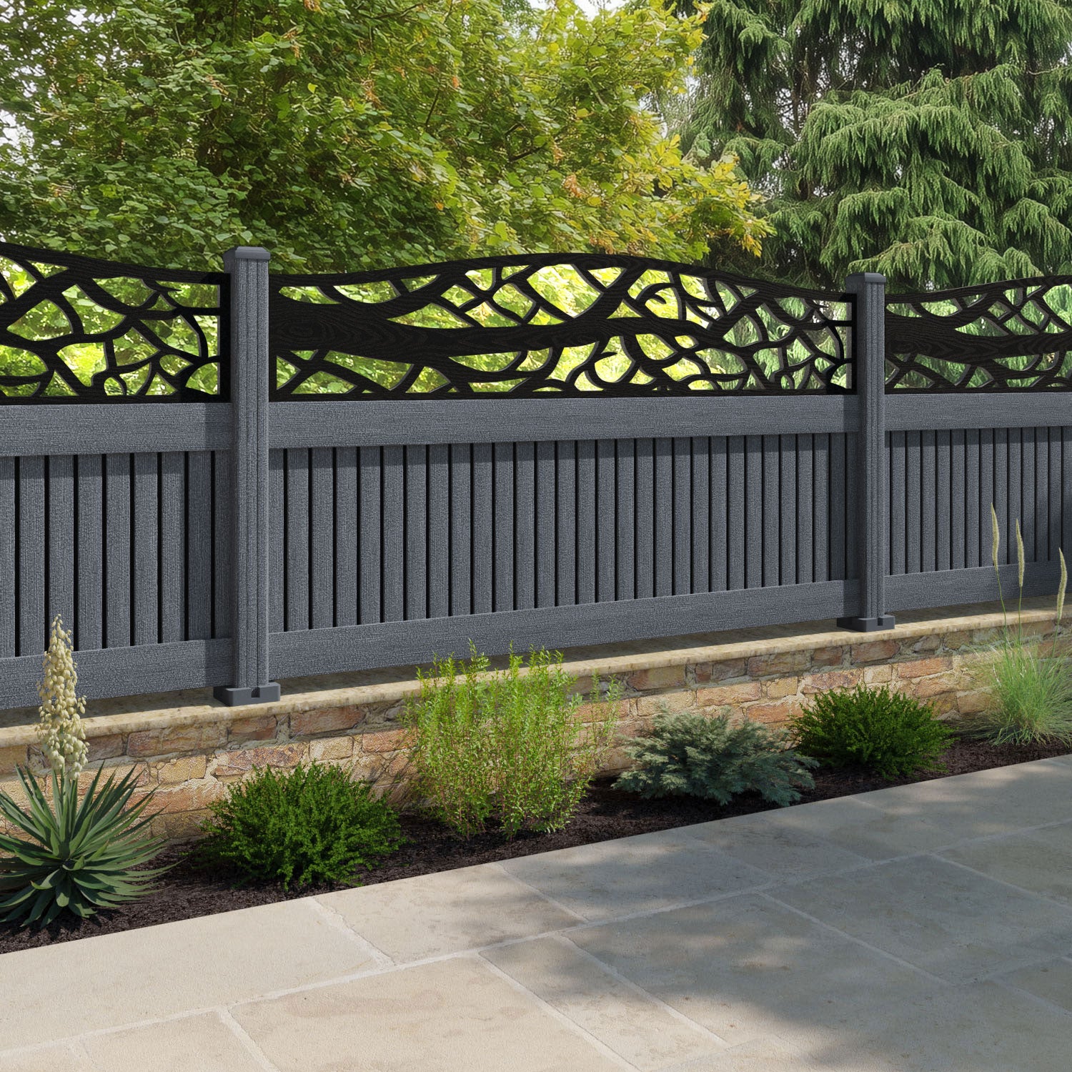 Virtis Twilight Curved Top Fence Panel - Anthracite - with our composite posts