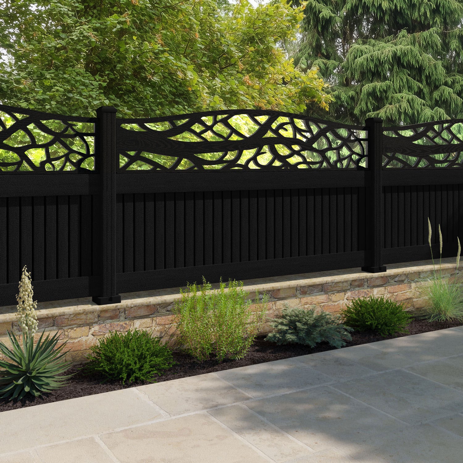Virtis Twilight Curved Top Fence Panel - Black - with our composite posts