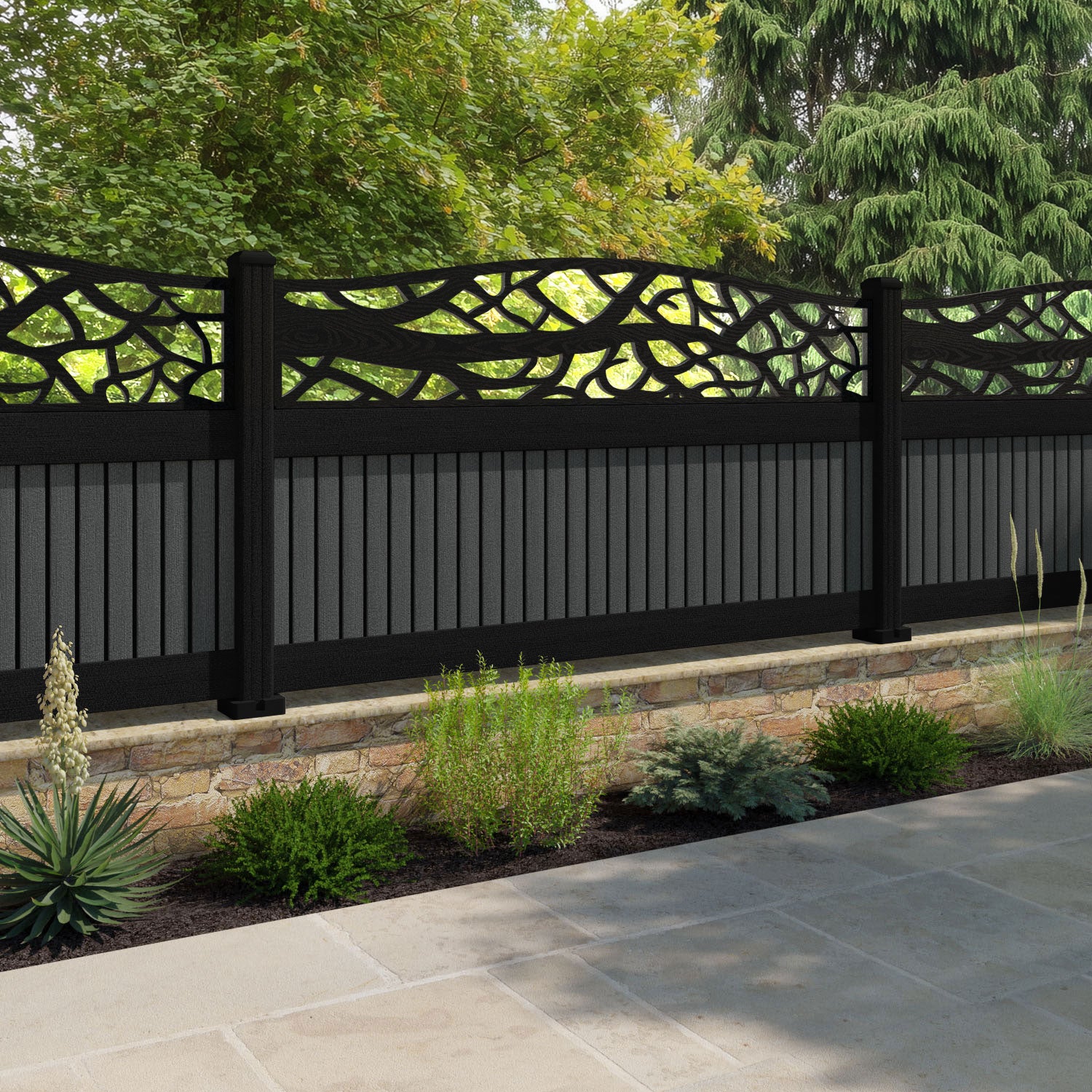 Virtis Twilight Curved Top Fence Panel - Dark Grey - with our composite posts