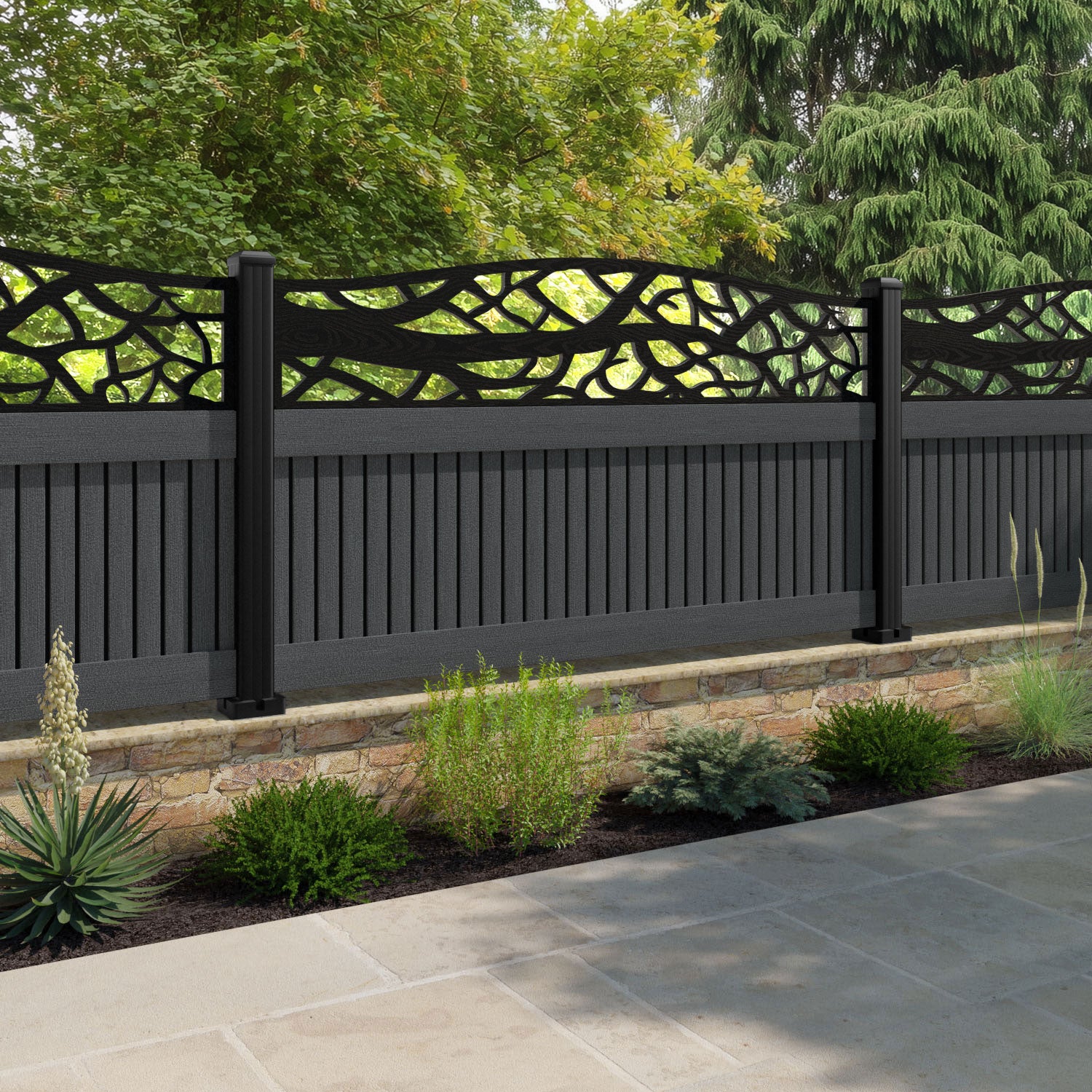Virtis Twilight Curved Top Fence Panel - Dark Grey - with our composite posts