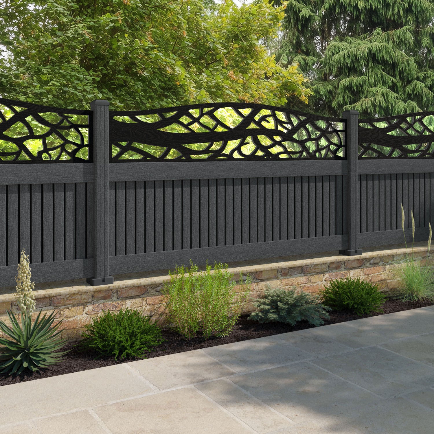 Virtis Twilight Curved Top Fence Panel - Dark Grey - with our composite posts