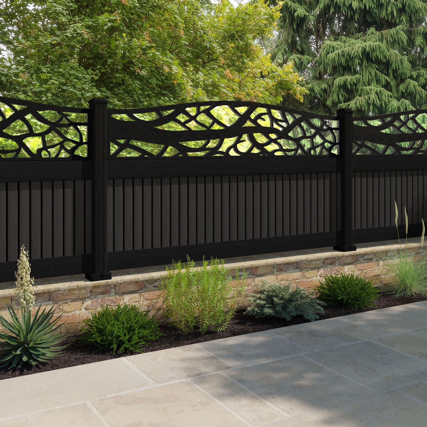 Virtis Twilight Curved Top Fence Panel - Dark Oak - with our aluminium posts