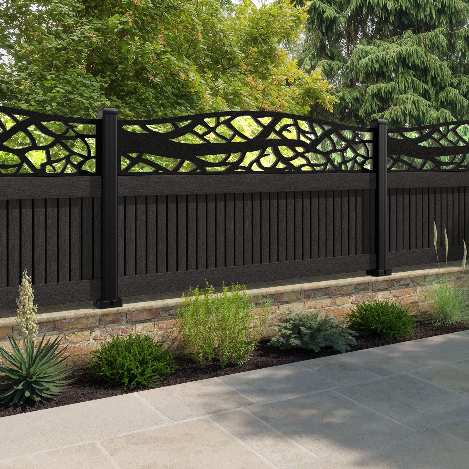 Virtis Twilight Curved Top Fence Panel - Dark Oak - with our aluminium posts