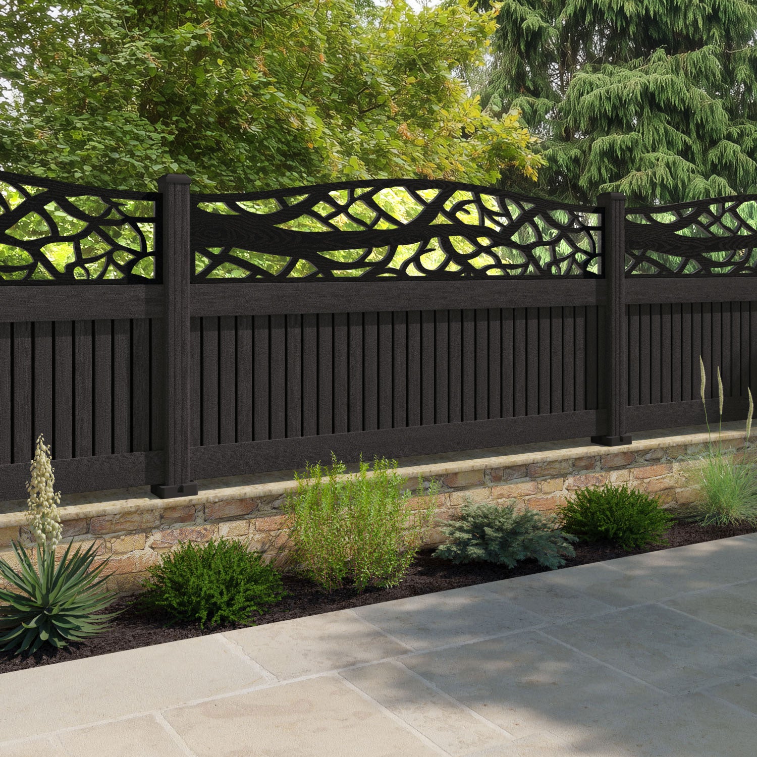 Virtis Twilight Curved Top Fence Panel - Dark Oak - with our composite posts