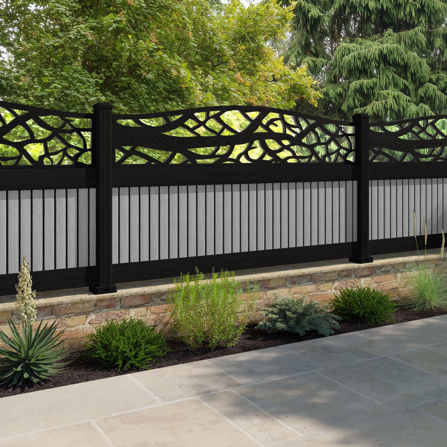 Virtis Twilight Curved Top Fence Panel - Light Grey - with our composite posts
