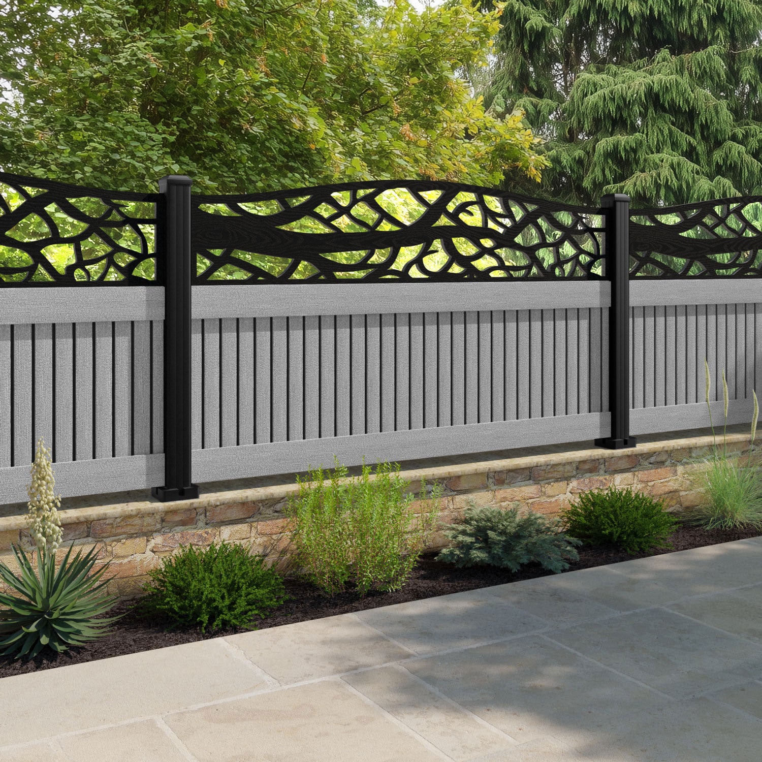 Virtis Twilight Curved Top Fence Panel - Light Grey - with our composite posts