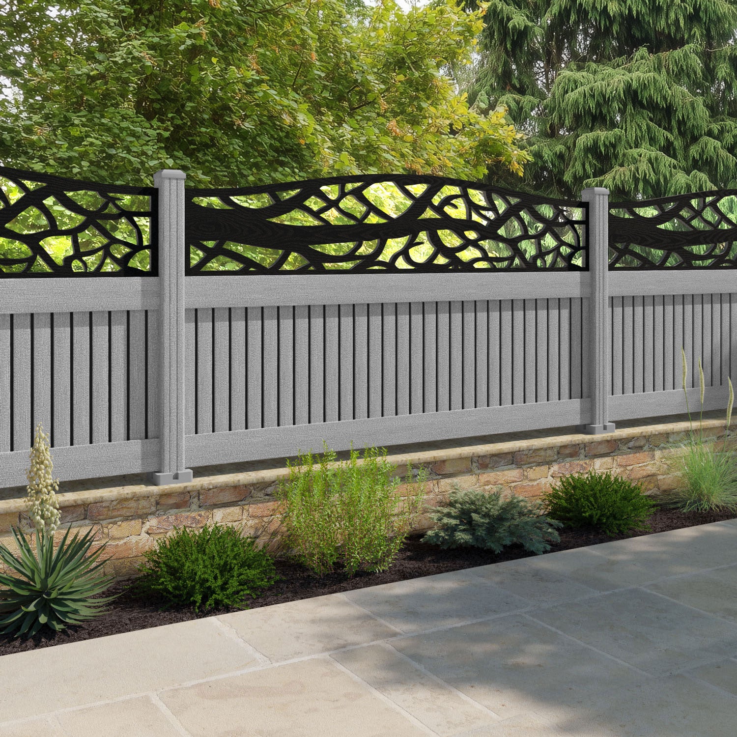 Virtis Twilight Curved Top Fence Panel - Light Grey - with our composite posts