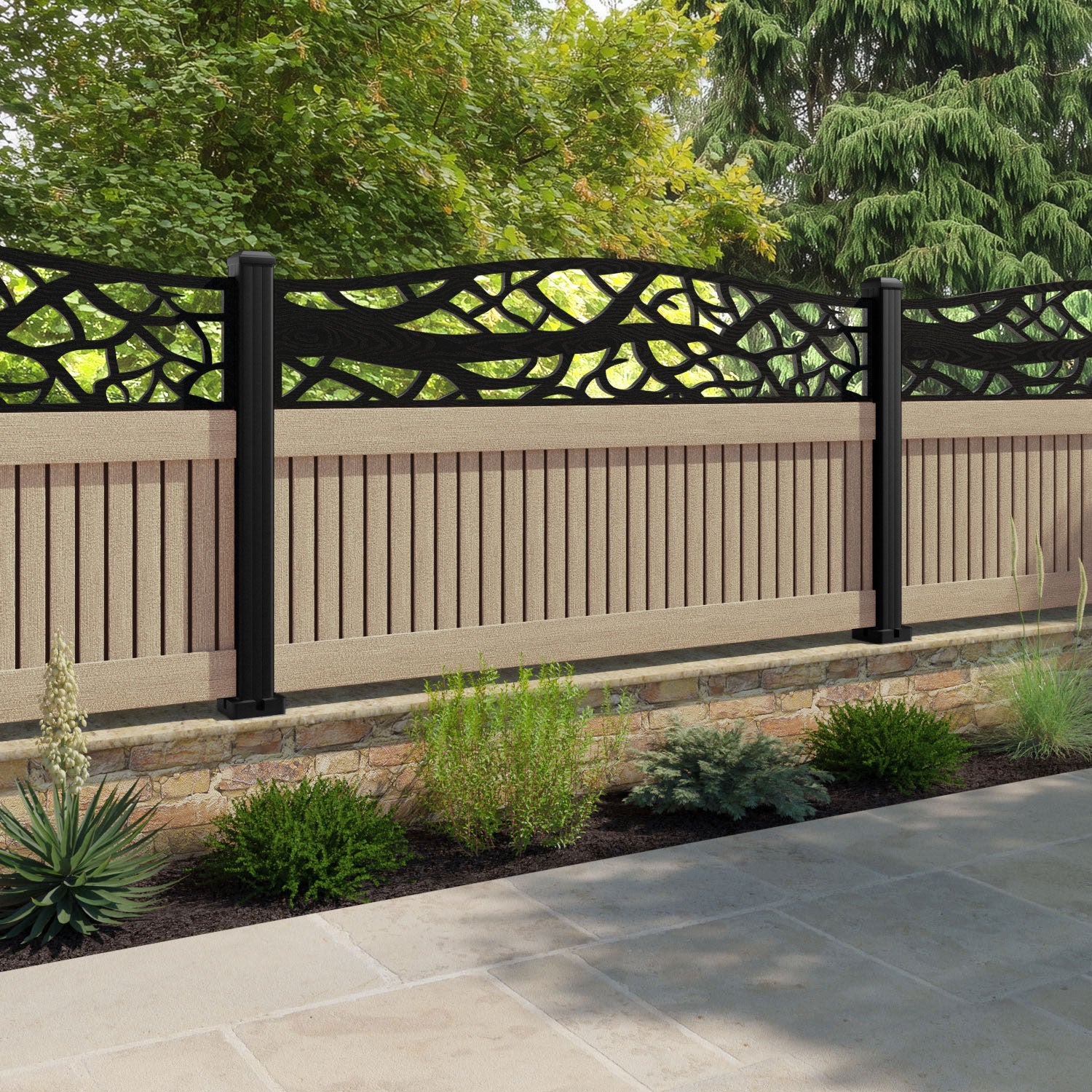 Virtis Twilight Curved Top Fence Panel - Light Oak - with our aluminium posts