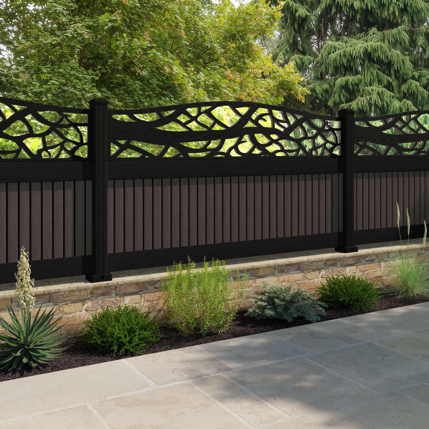 Virtis Twilight Curved Top Fence Panel - Mid Brown - with our aluminium posts