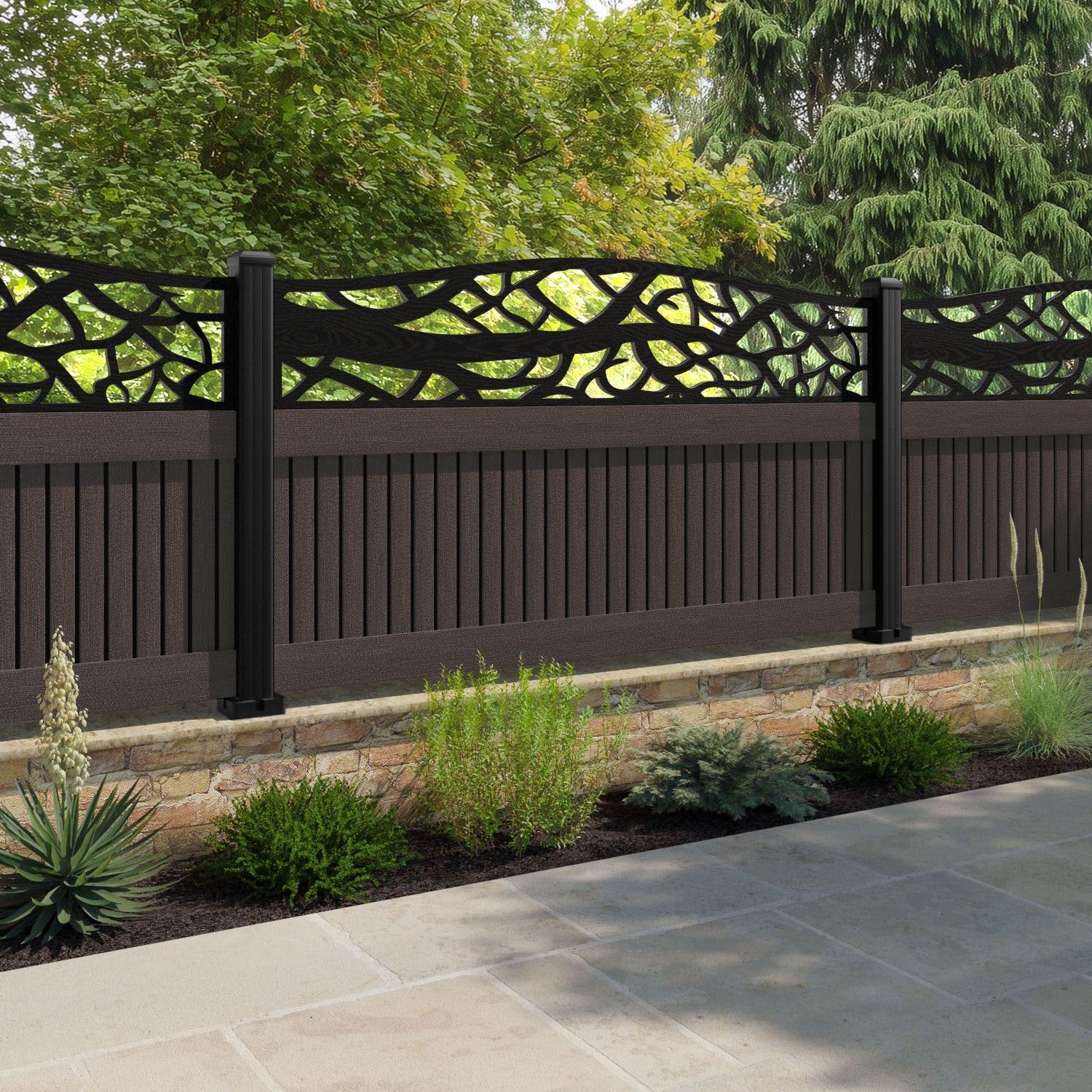 Virtis Twilight Curved Top Fence Panel - Mid Brown - with our composite posts