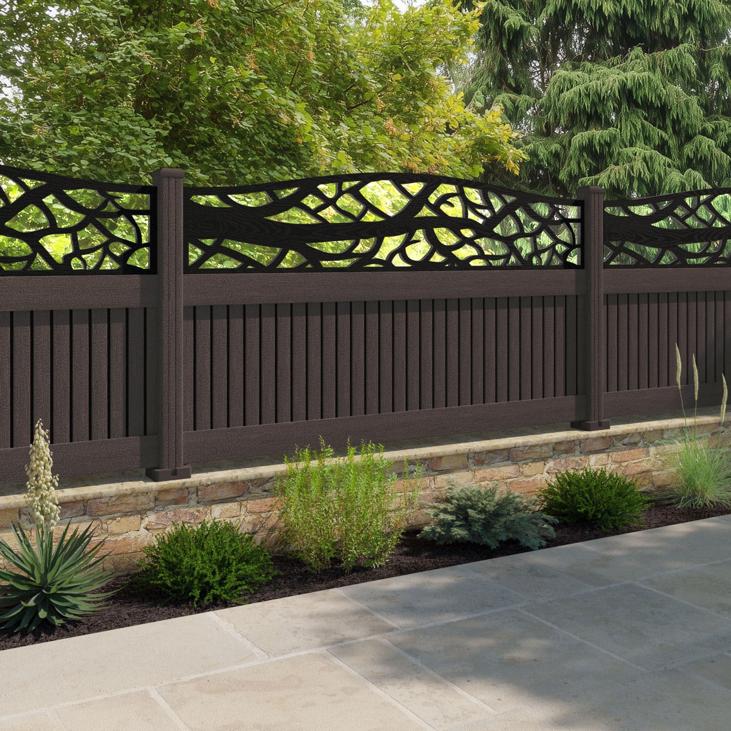 Virtis Twilight Curved Top Fence Panel - Mid Brown - with our composite posts
